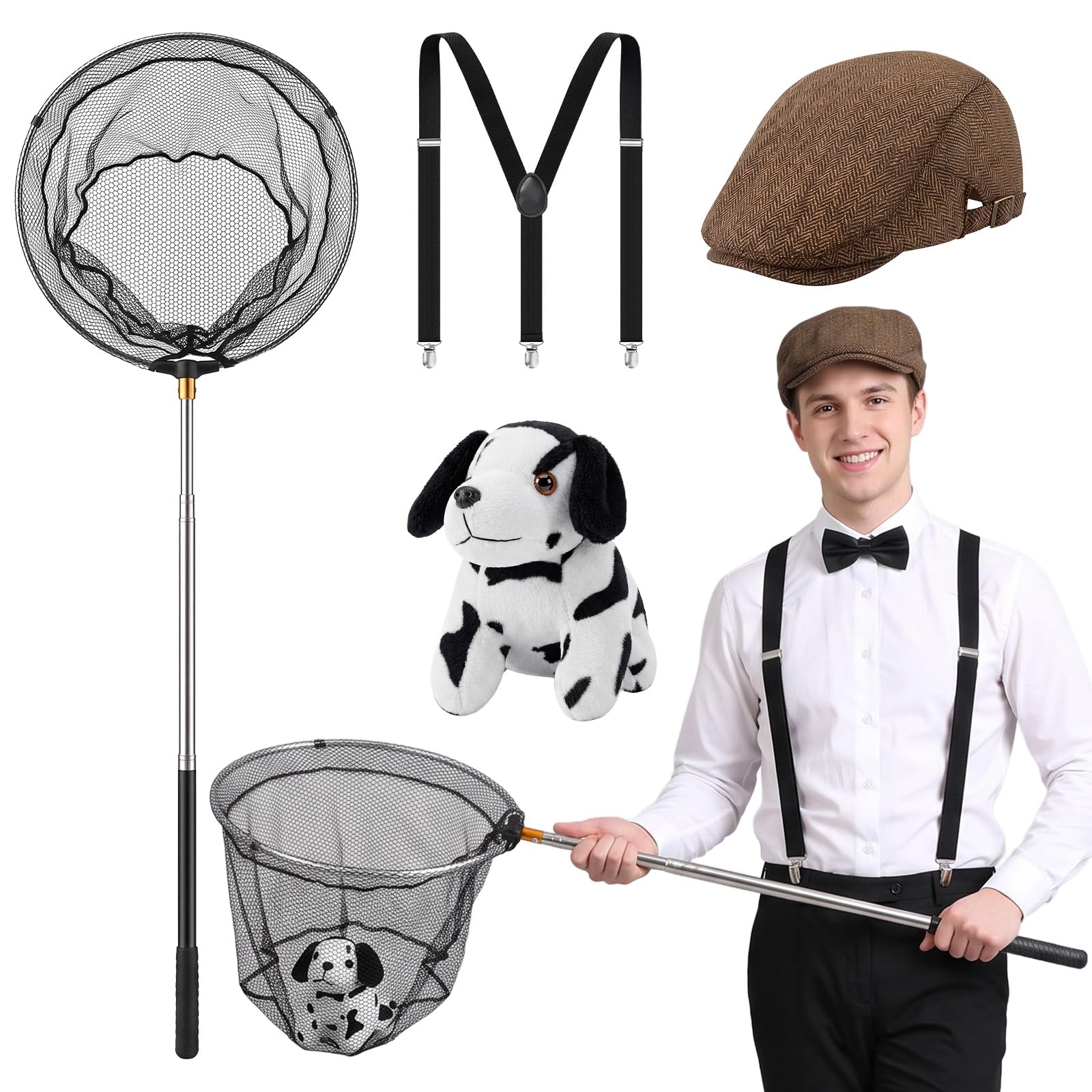 Preboun 4 Pcs Halloween Catcher Costume Set Include Flat Cap Collapsible Net Black Bow Tie/suspender Plush Dog for Adult Men, Black, as shown — image 1