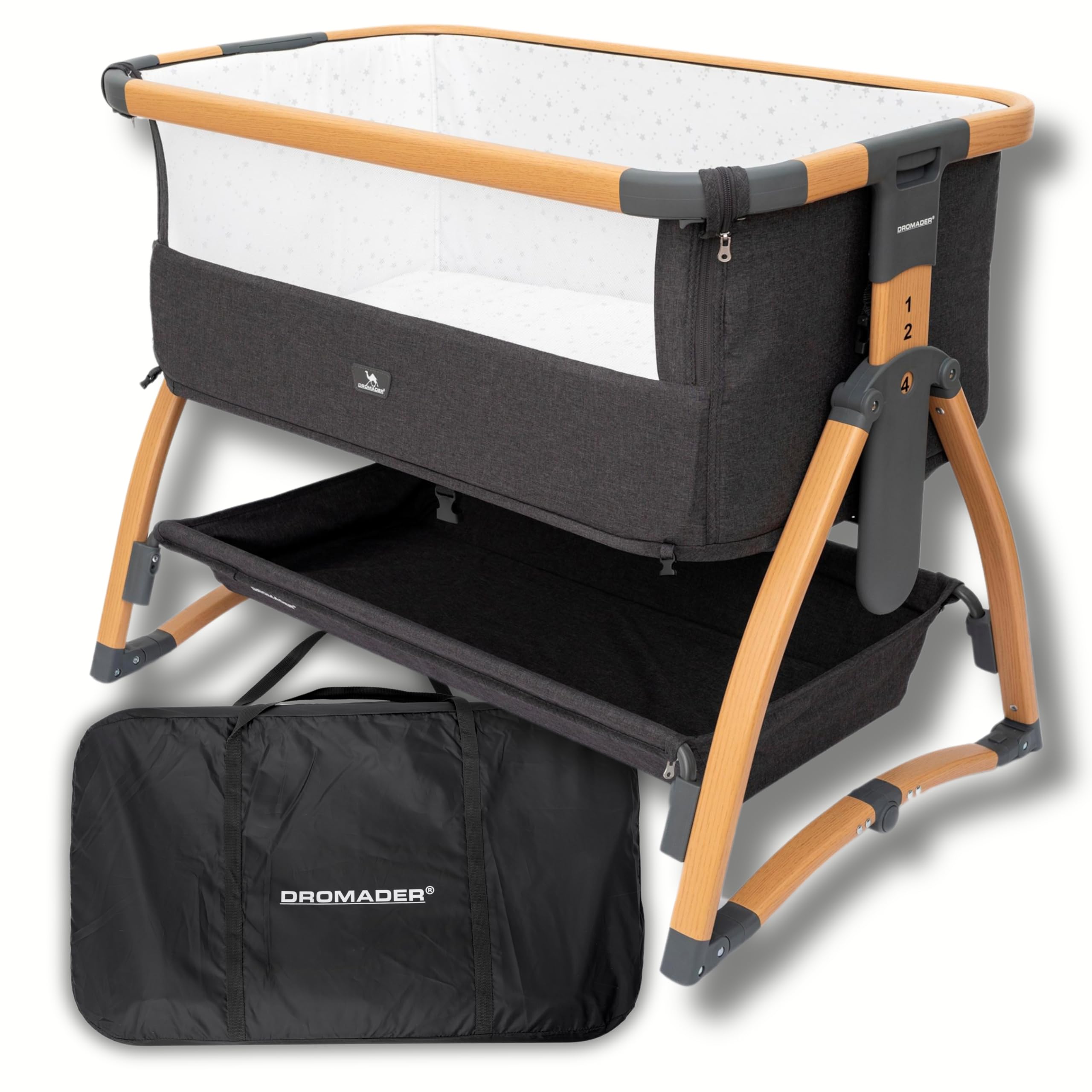 DROMADER Cuna Colecho Bebe – 0-6 Meses - Cuna Portátil con Ruedas - Malla Transpirable - Colchón Cómodo Incluido - 7 Alturas Ajustables - Función Balanceo - Gris