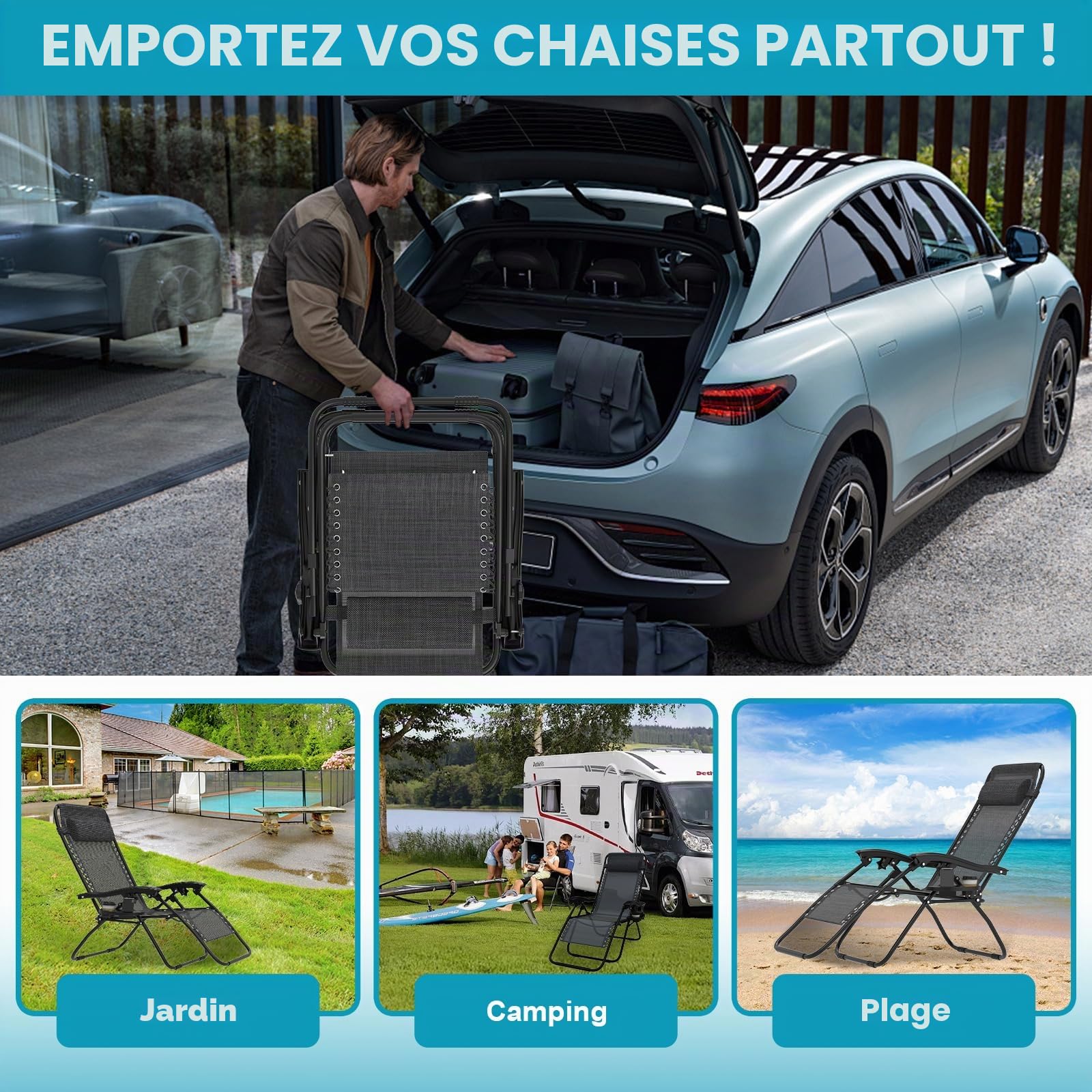 Chaise Longue Pliante，Bain de Soleil，Fauteuil Relax Jardin avec Repose-Tête et Porte-Gobelet,Inclinables，Transat de Plage，Chaise de Camping，Transat de Relaxation pour Patio Jardin Plage，Noir