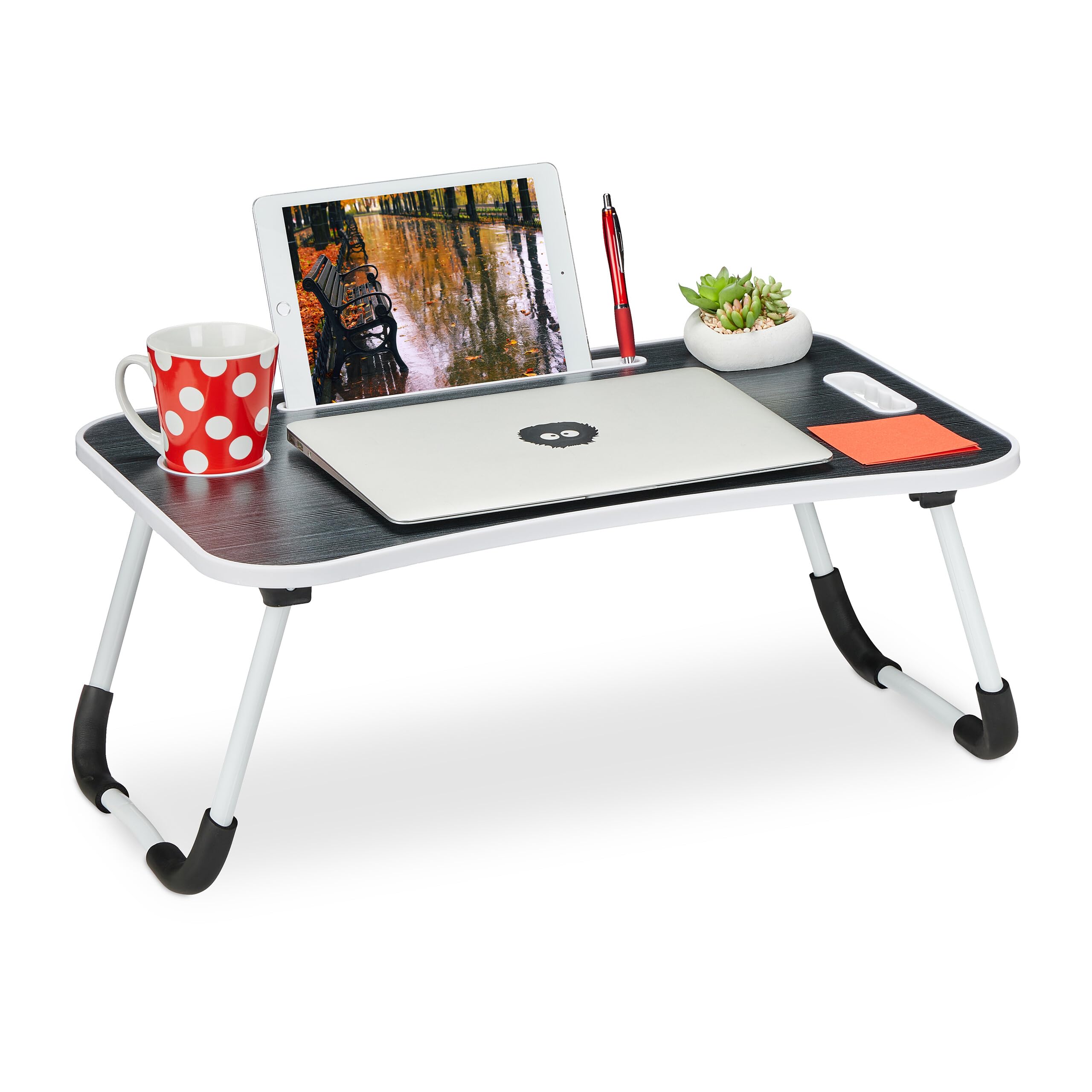 Relaxdays Stolik pod laptopa do łóżka i kanapy, wys. x szer. x gł.: 26 x 63 x 40 cm, składany stolik pod łóżko, stolik na notebooka, czarny/biały