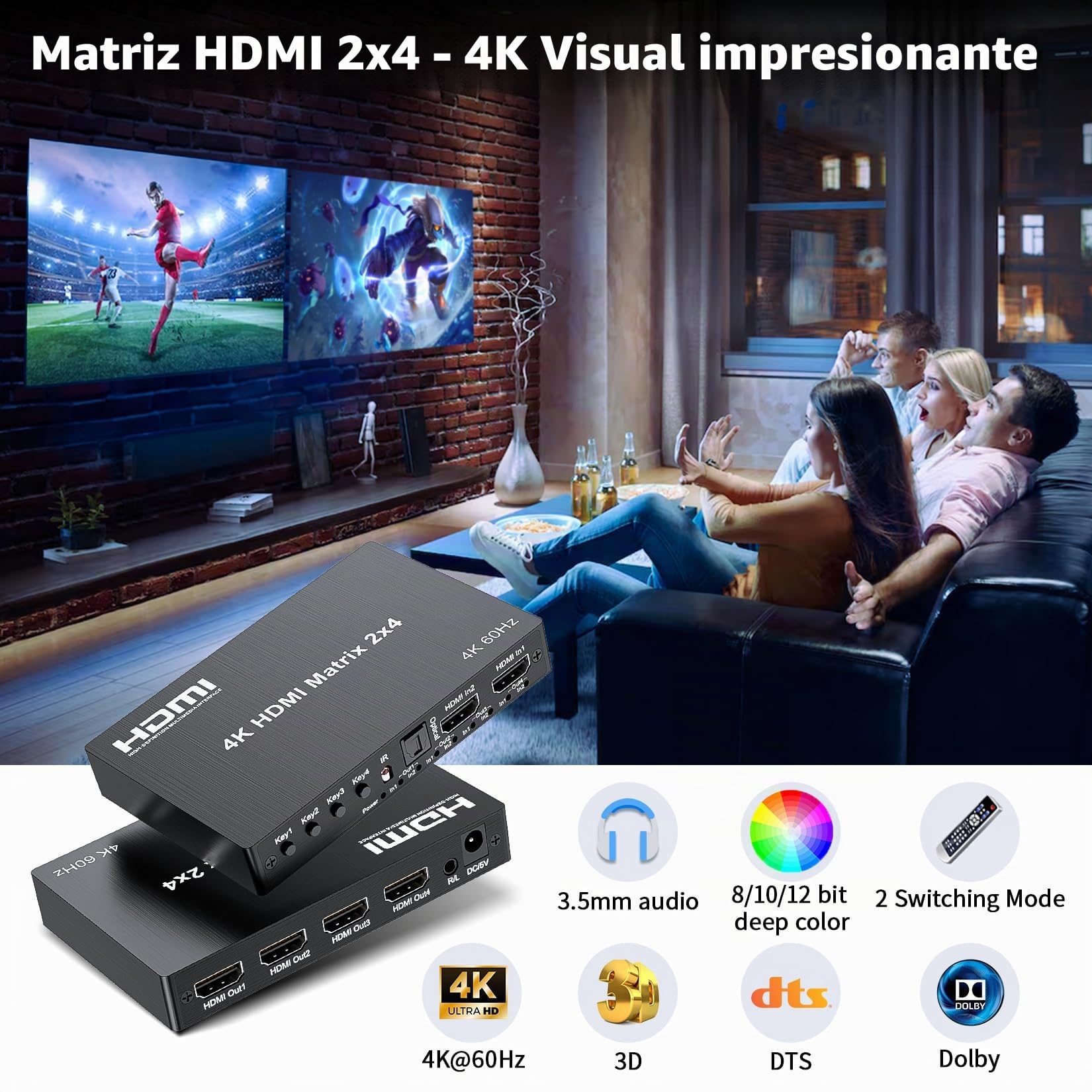 Interruptor de Matriz HDMI 4K 2x4, Matriz de 2 en 4 Salidas HDMI 2.0, Divisor de conmutación de Video, Salida de Audio óptica y 3.5 mm, Compatible con 4K 60Hz HDR HDCP2.2, 18 Gbps, con Control Remoto