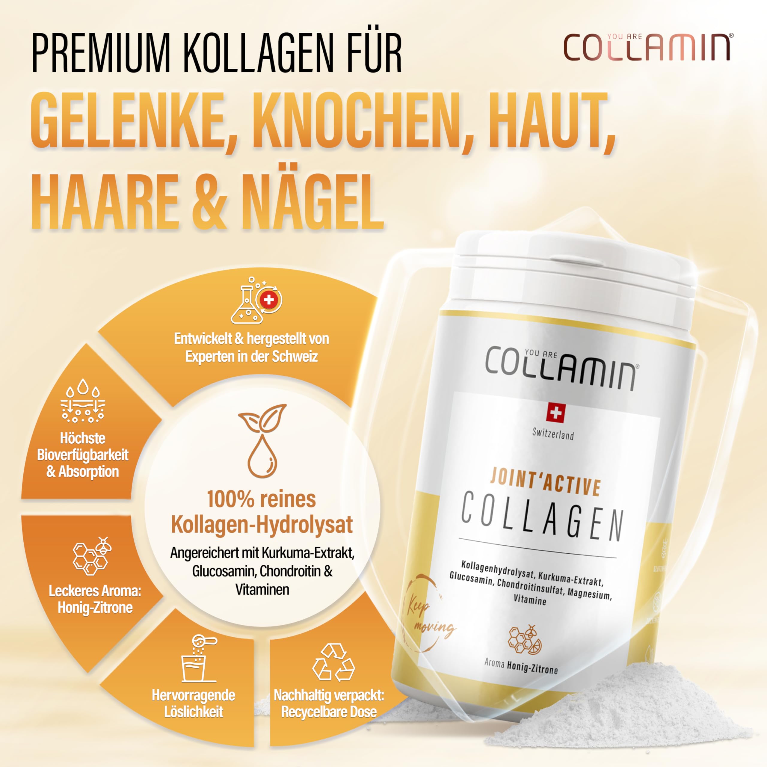 Joint'Active Collagen Pulver - 480g I Kollagen Pulver mit Kurkuma, Vitamin C, Hyaluron & Mehr I Hydrolysiertes Kollagen (Rind) mit Honig-Zitronen Aroma I Kollagen - Made in Switzerland