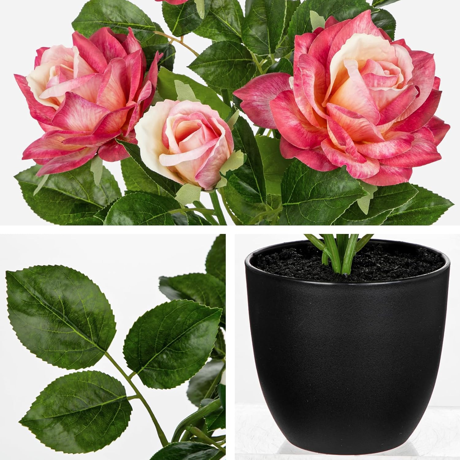 16.5" Roses Artificial Flowers in Pot, Hot Pink Fake Rose Flowers Arrangement with 3 Blooms 2 Buds, Decorative Potted Floral Centerpieces for Home Table Office Desk Kitchen Counter Farmhouse Decor