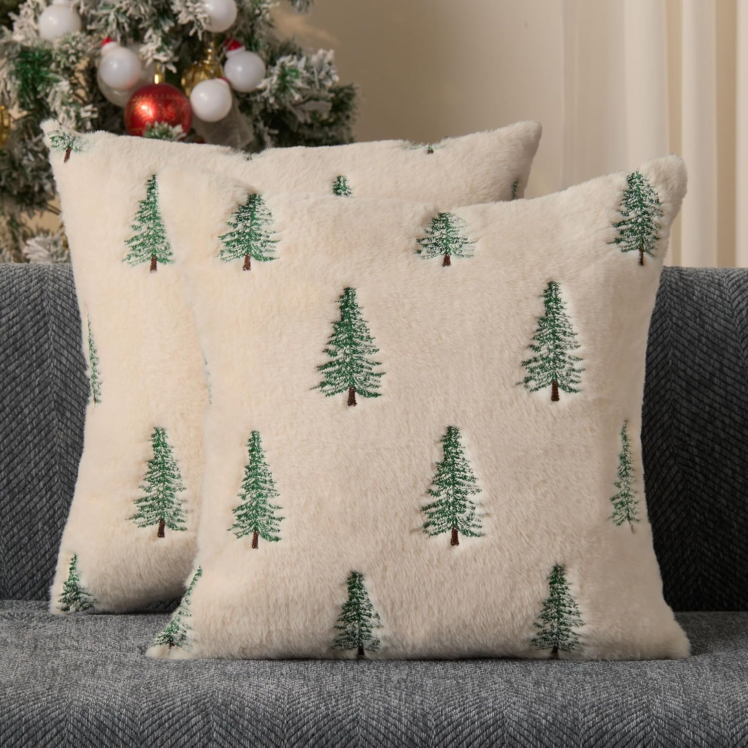 DFXSZ Christmas Pillow Covers 18x18 inch Set of 2 Green Embroidered Christmas Tree Decoration Beige Soft Plush Faux Fur Jacquard Throw Pillows for Bedroom Sofa Holiday Winter Home Decor PTK071C18 18" x 18" (Pack of 2) Beige Green