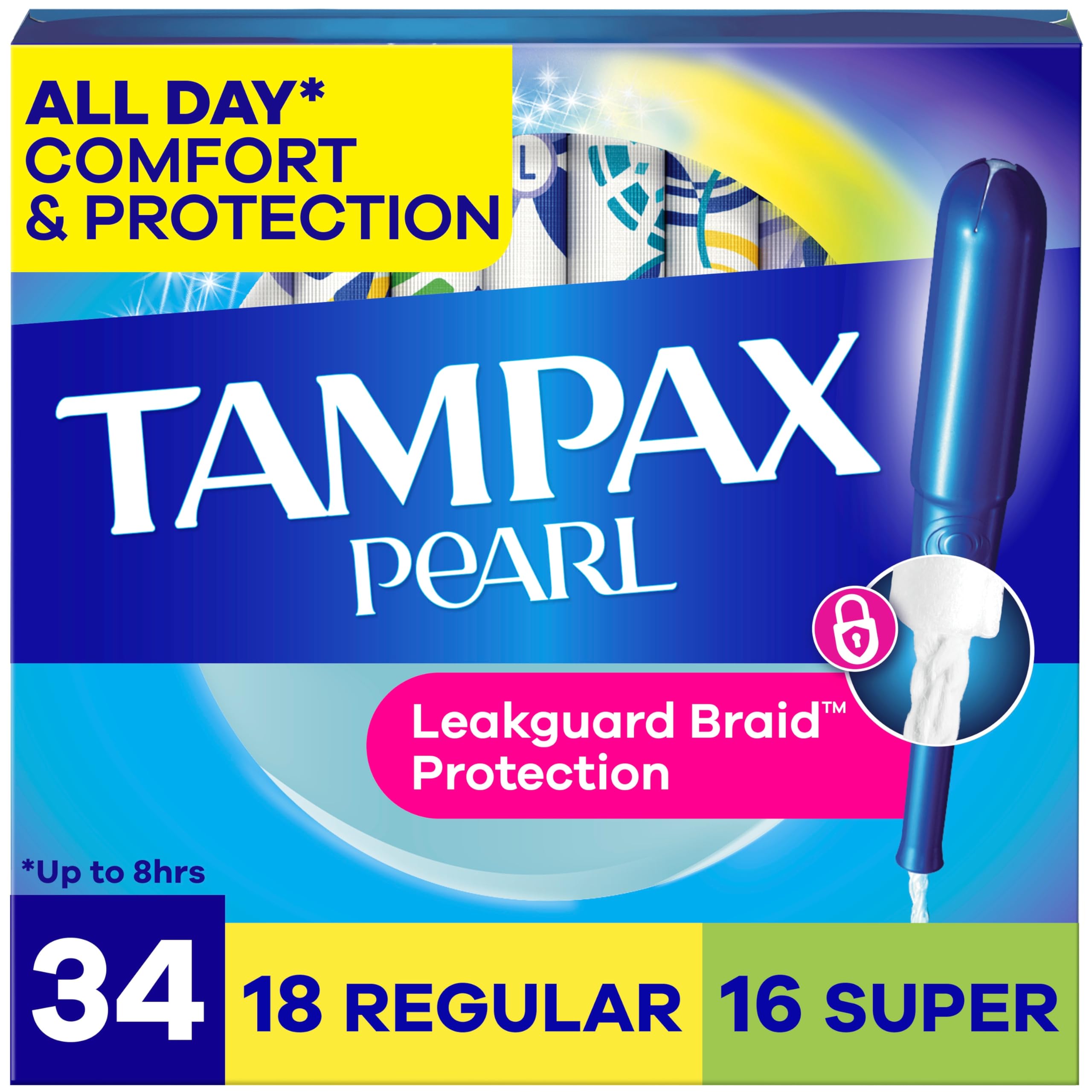 Tampax Pearl Tampons for Women Multipack, with LeakGuard Braid, Regular/Super Absorbency, Unscented, 34 Count