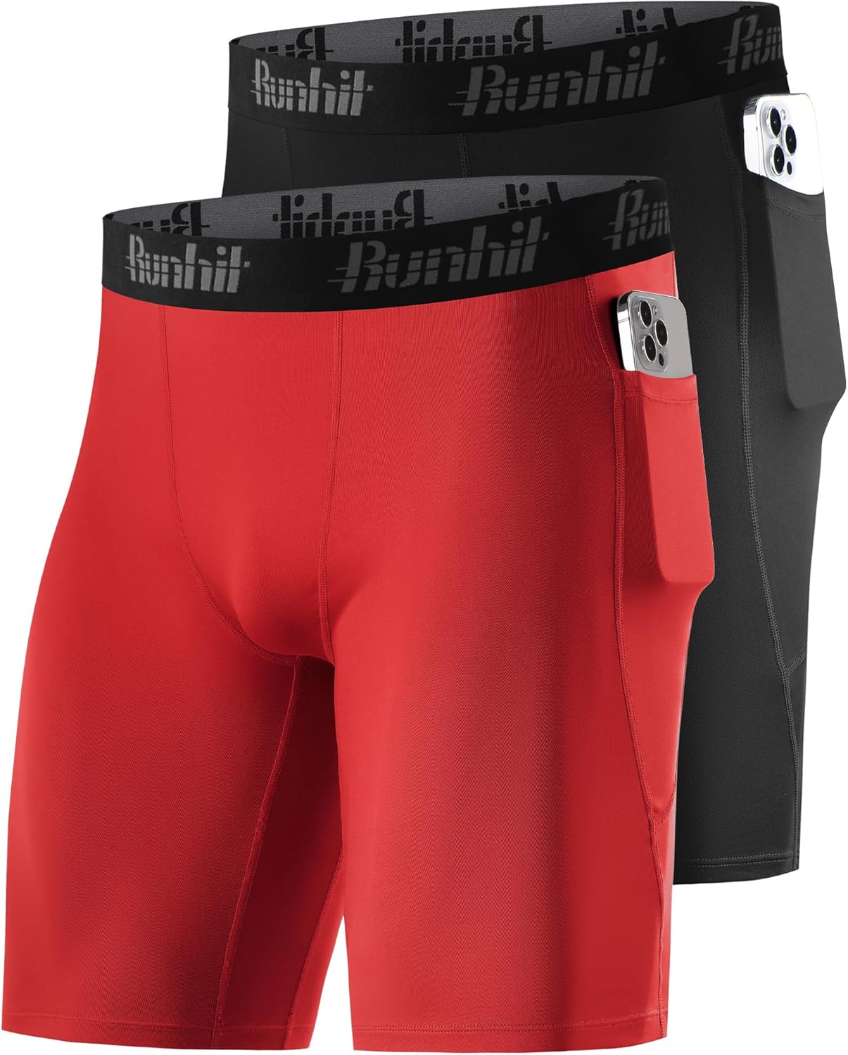 Runhit 2 Pack Mens Compression Shorts with Pockets 9" Performance Spandex Underwear Sport Athletic Workout Running Base Layer