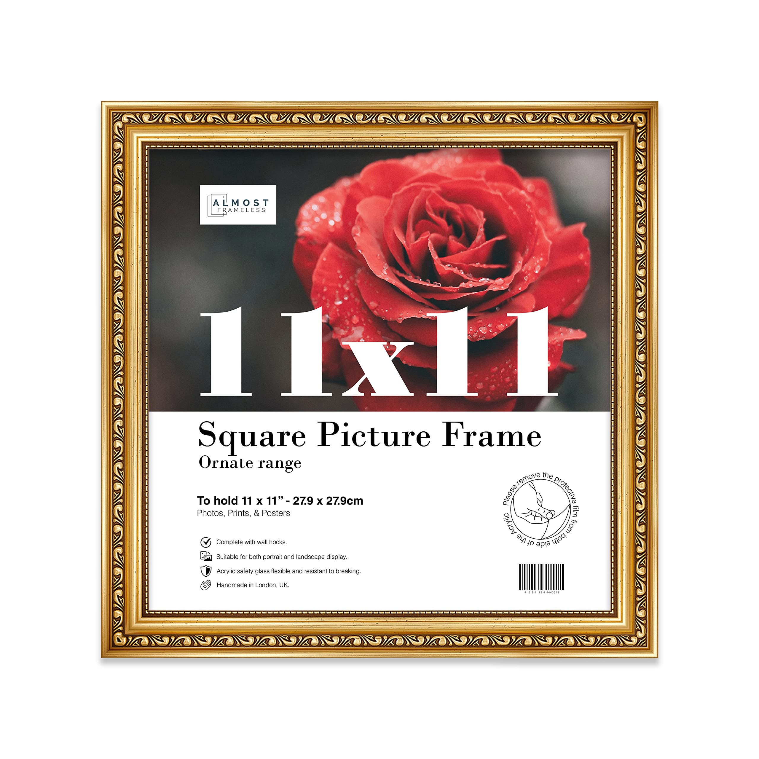 Almost Frameless 11x11 Gold Ornate Picture Frame 11"x11"(27.9x27.9cm) Poster, Photo, Artwork, or Print. Shabby Chic Style Portrait and Landscape Display with Wall Hooks