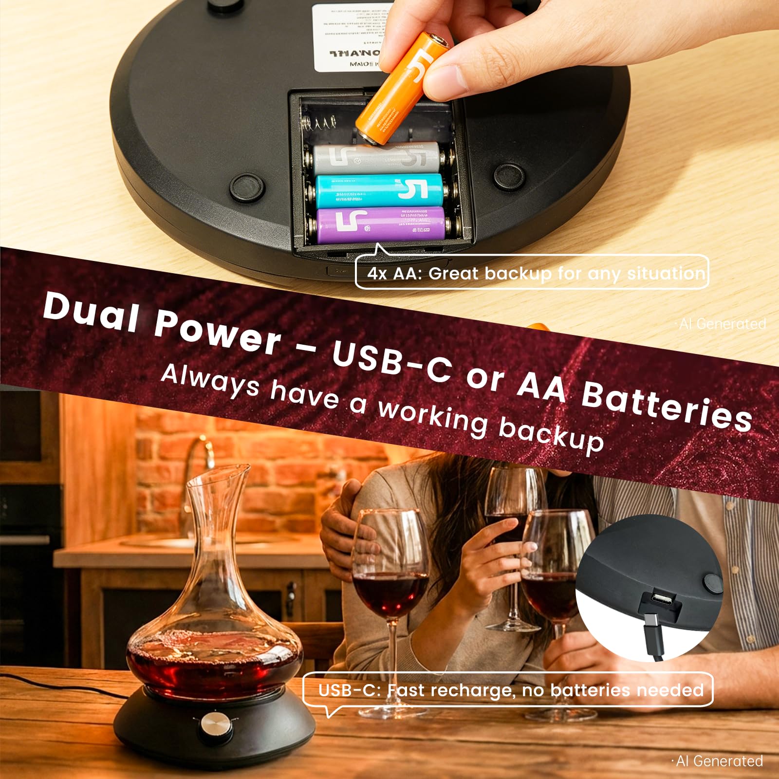 Carafe à vin noire avec shaker électrique, aérateur de vin à rotation automatique.