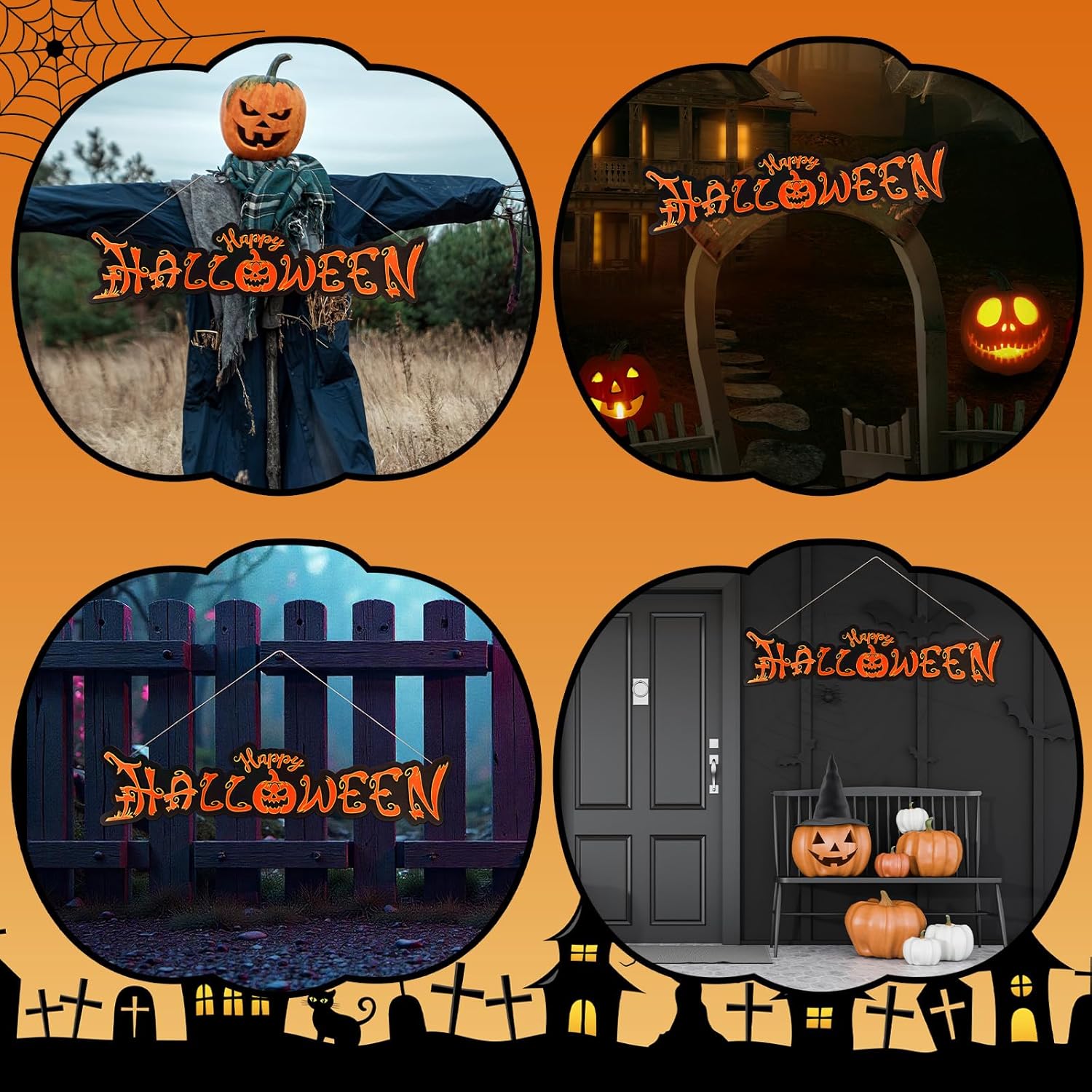 Yousoontic Large Gothic Happy Halloween Wooden Yard Sign Giant Black Orange Trick or Treat Porch Signs Wall Decor for Fence Garage Outdoor Backdrop Props(47.2 x 11.8 Inch)