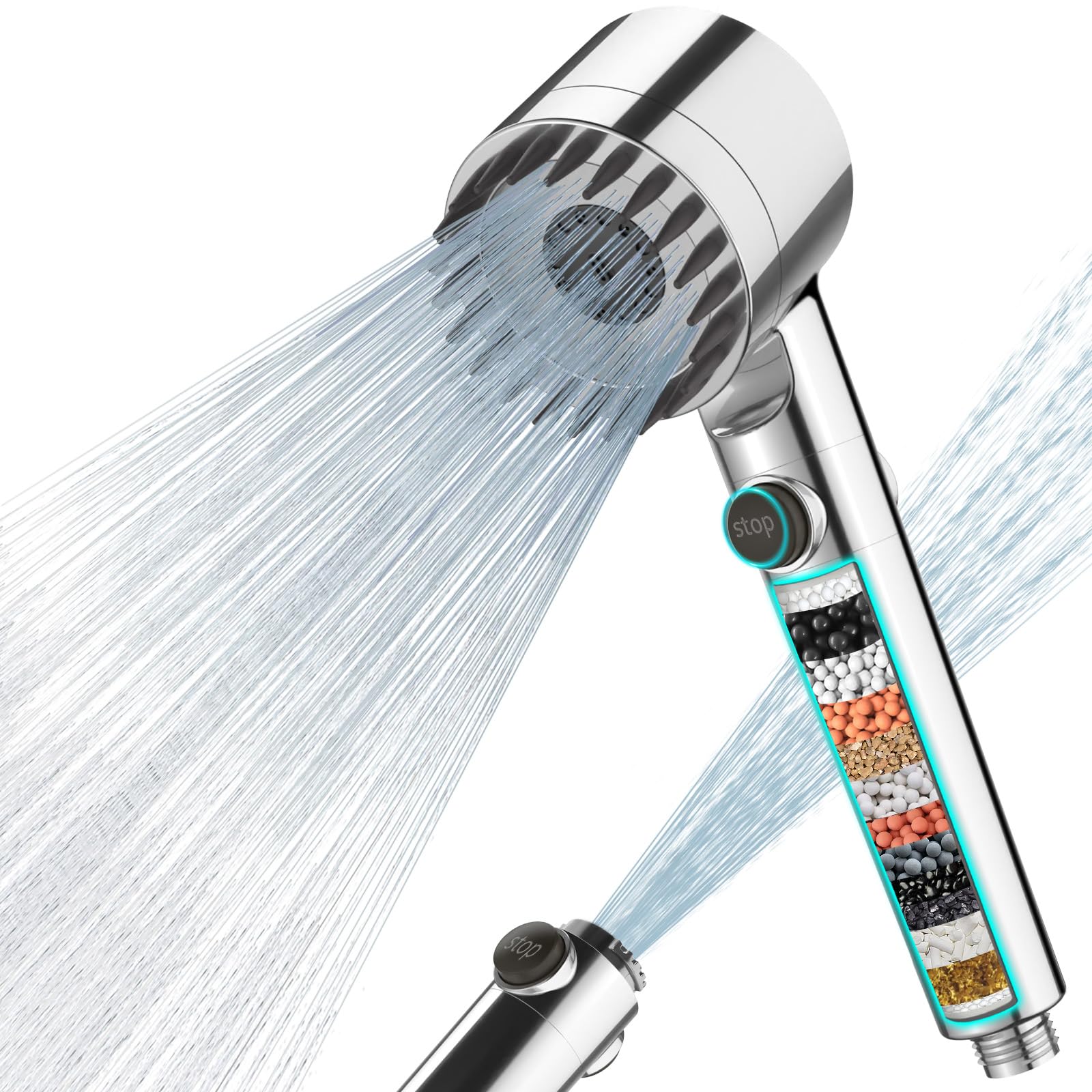 MEKO Hard Water Filter Shower Head with 15 Stage Filter, 3+1 Spray Jet Modes High Pressure Shower Head and 1.5m Hose, Handheld Massage Shower Filter for Residual Chlorine Remove（Mirror Silver）