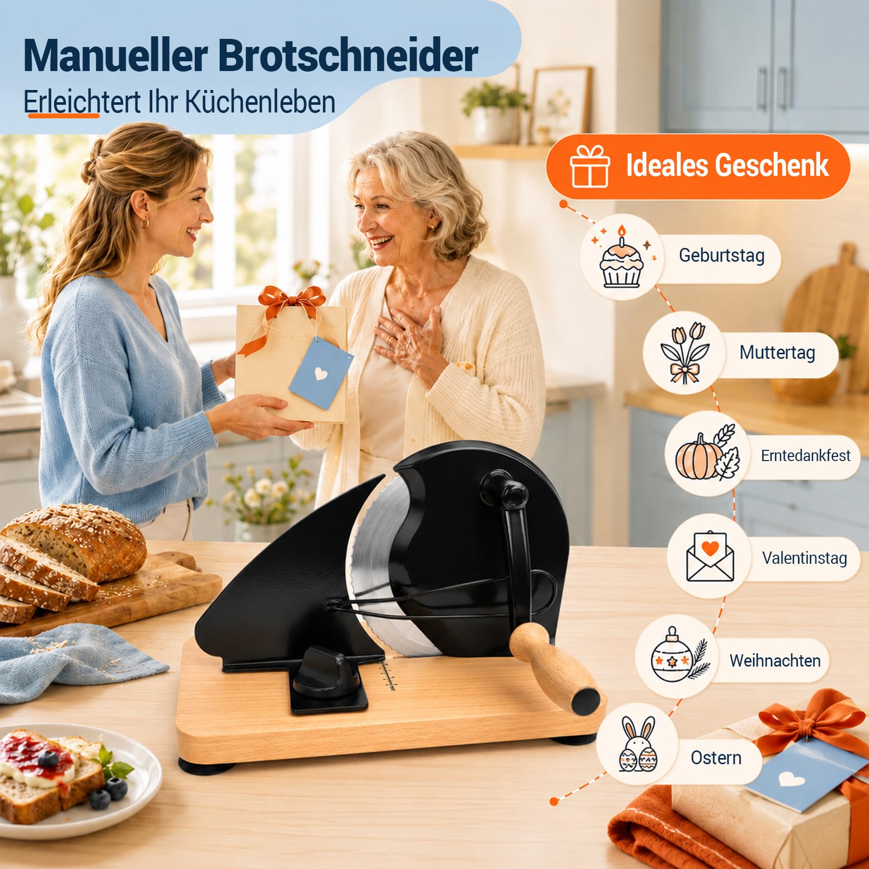 Brotschneidemaschine Manuelle mit Handkurbel | 0–20 mm einstellbare Scheibendicke | Edelstahlklinge mit Wellenschliff | rutschfeste Saugnäpfe | Für Sauerteig, Roggen, Toast & Baguette