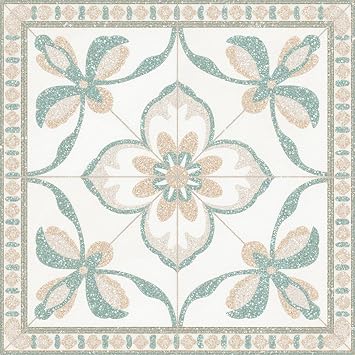 HOMETITUTE Cream Mint Floral Peel Stick Floor Tile Art Deco, 12"x12"