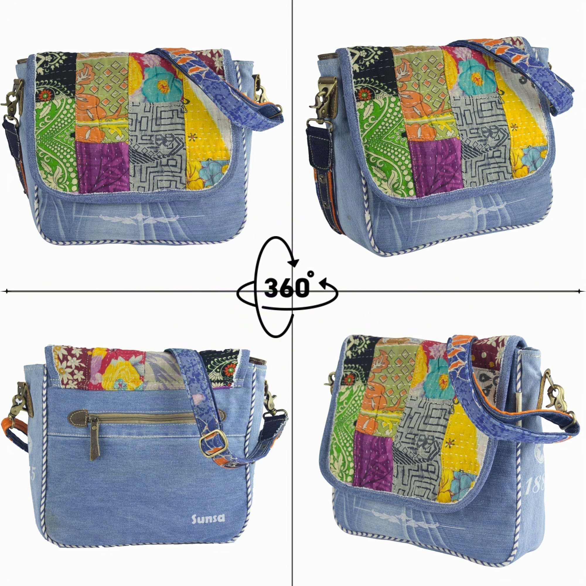 Sunsa Damen Messenger Bag Umhängetasche Handtasche, aus recycelte Jeans & Baumwolle. Große Crossbody Tasche Schultertasche, Jeanstasche Geschenkideen für Frauen/Mädchen, nachhaltige Produkte