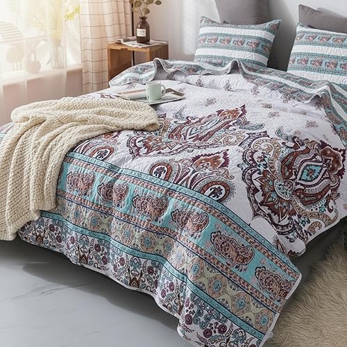 Miniatura 5 de DaDa Bedding - Juego de colcha bohemia con estampado floral para el verano, diseño de cachemira de playa, brillante, vibrante, colorido, reversible,