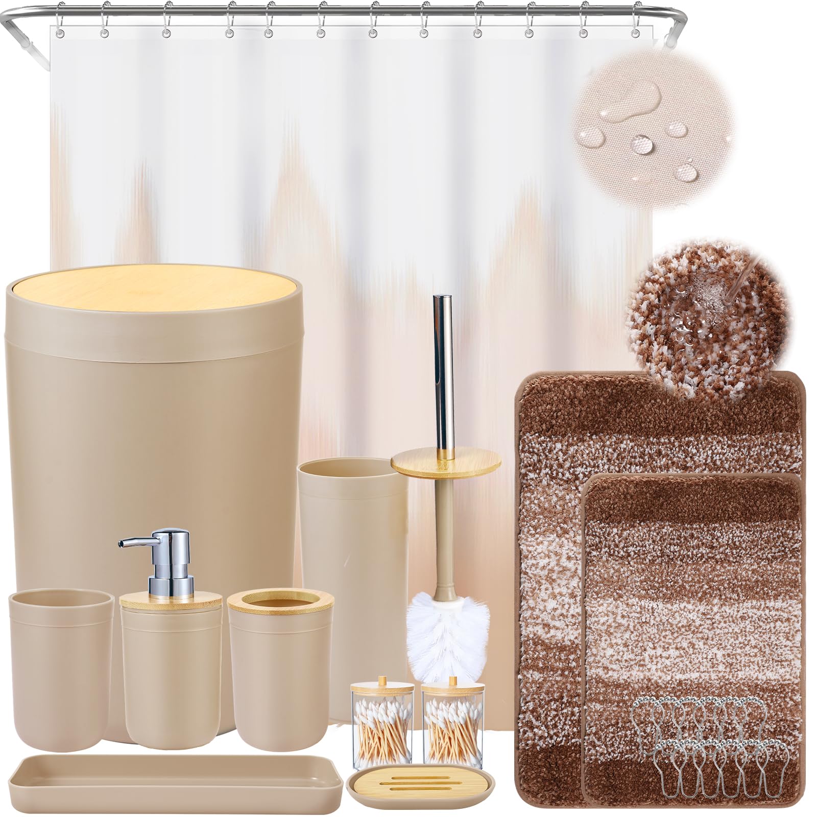 iMucci Bathroom Accessories Beige Bathroom Sets with Shower Curtain and Rug, Beige Ombre Waterproof Shower Curtain with Ultra Absorbent Rug Bathroom Accessories Set for Home Decor