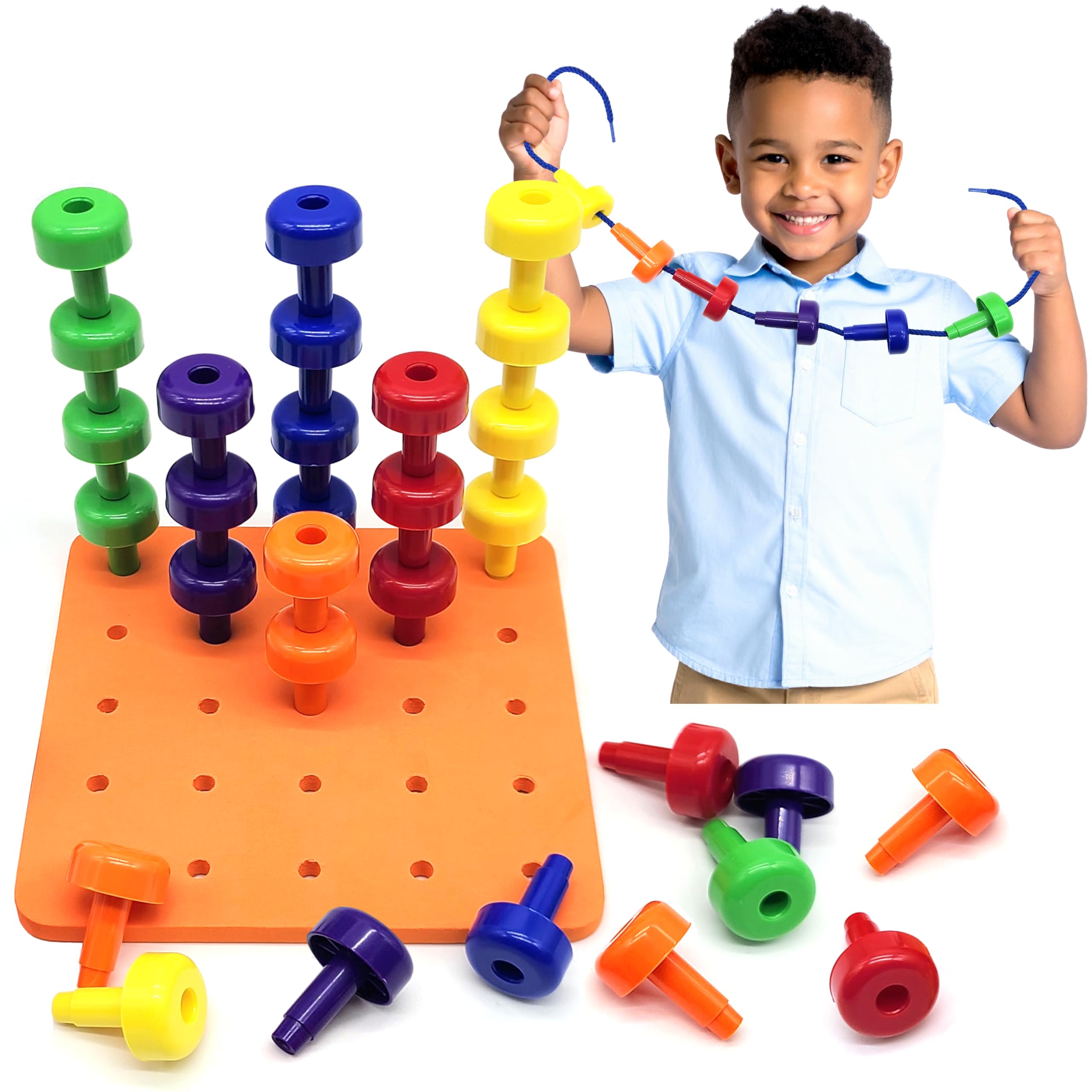 Blu Jay Foam Peg Board Toy - 36 Pegs, Foam Board, Lacing String, Storage Bag - Occupational Therapy Toys - Fine Motor Skills Toys for Toddlers and Kids (Orange)