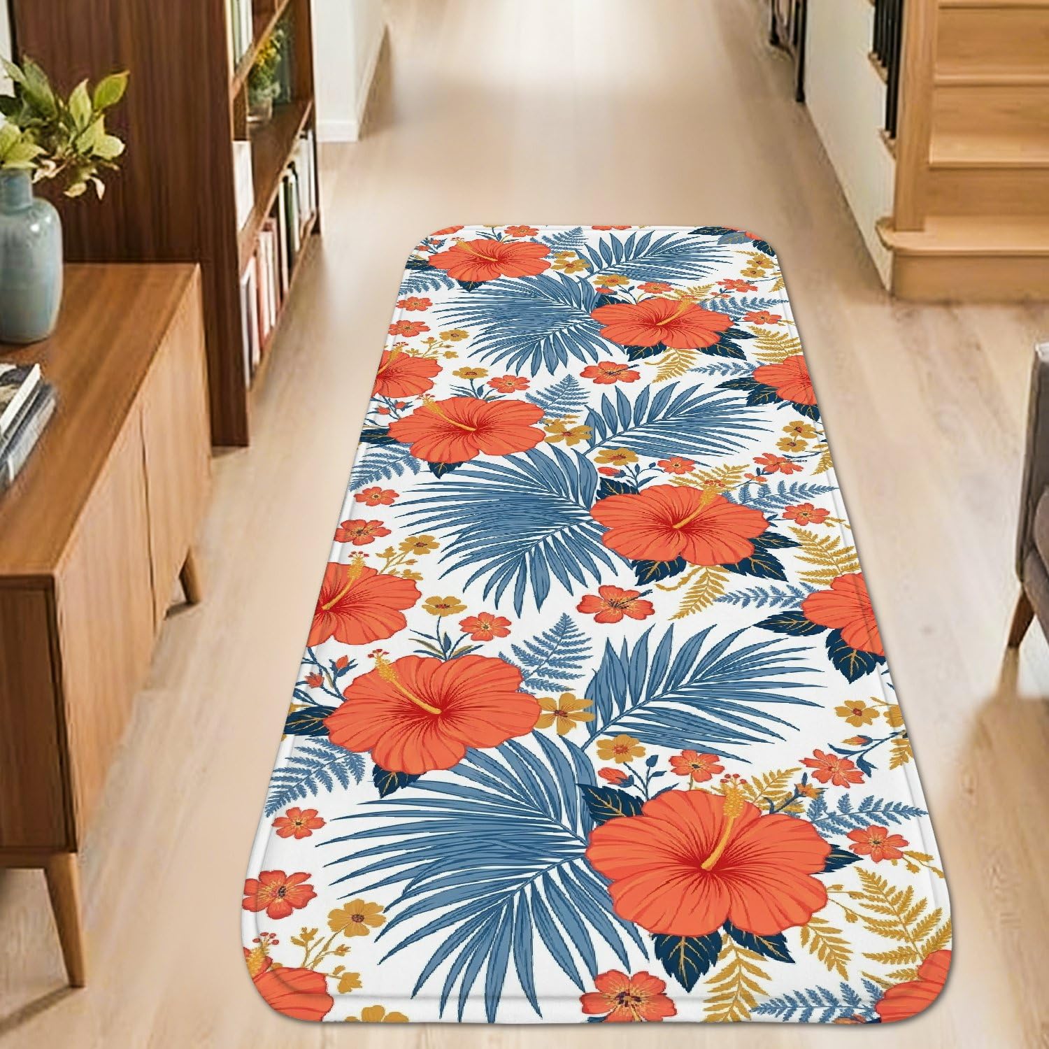 Tapis de couloir hibiscus rouge 0,6x2,4m avec bordure antidérapante