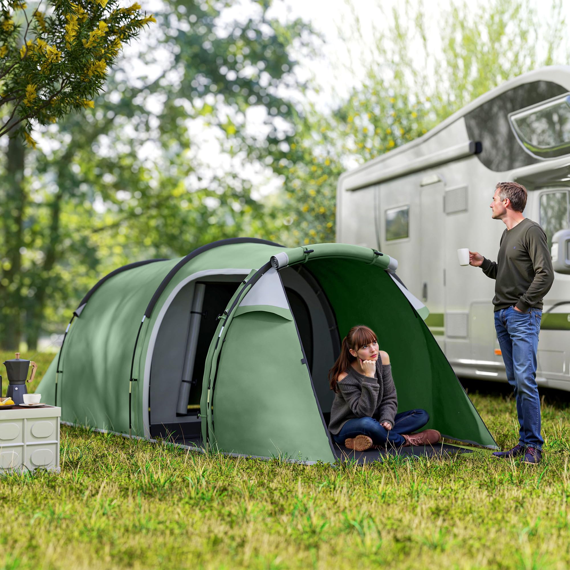 Outsunny Tienda de campaña para 2-3 Personas Estable Tienda de Familia Impermeable con Ventana de la Puerta Lateral Bolsa de Embalaje, Tienda de campaña con 2000mm Columna de Agua túnel Tienda de