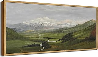 SHENIFY Vintage Framed Wall Art Mountain Range Valley River Landscape Painting Retro Meadow Scenery Farmhouse Kitchen Living Room Decor - 8x16in Natural Framed