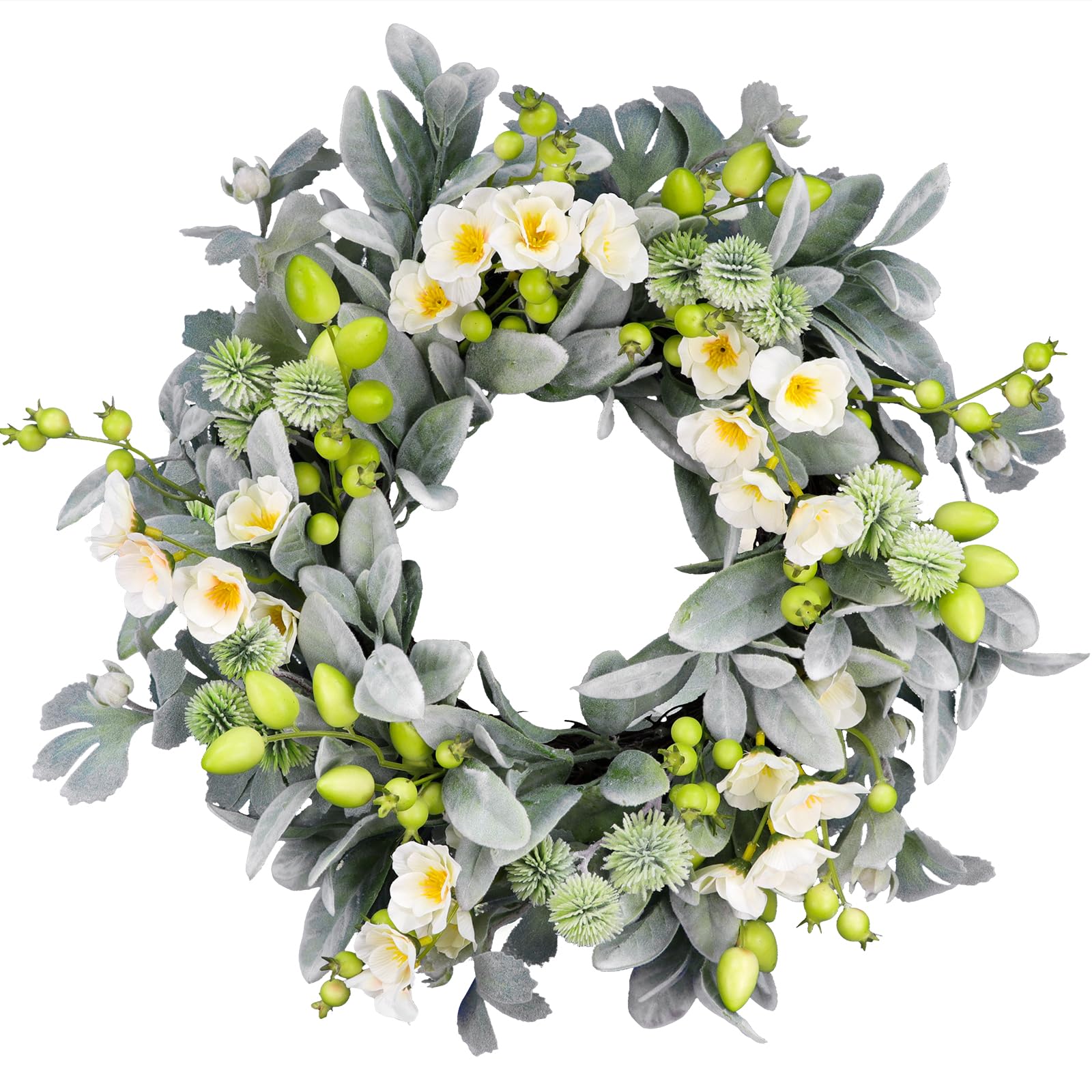 Spring Wreath, Wreath Wish 20-Inch Artificial Spring Summer Greenery Wreath Front Door Big Ginkgo Leaf, Rabbit Leaf, Five-pronged Olive Fruit, Three-Headed Green Ball for Farmhouse - Indoor/Outdoor.