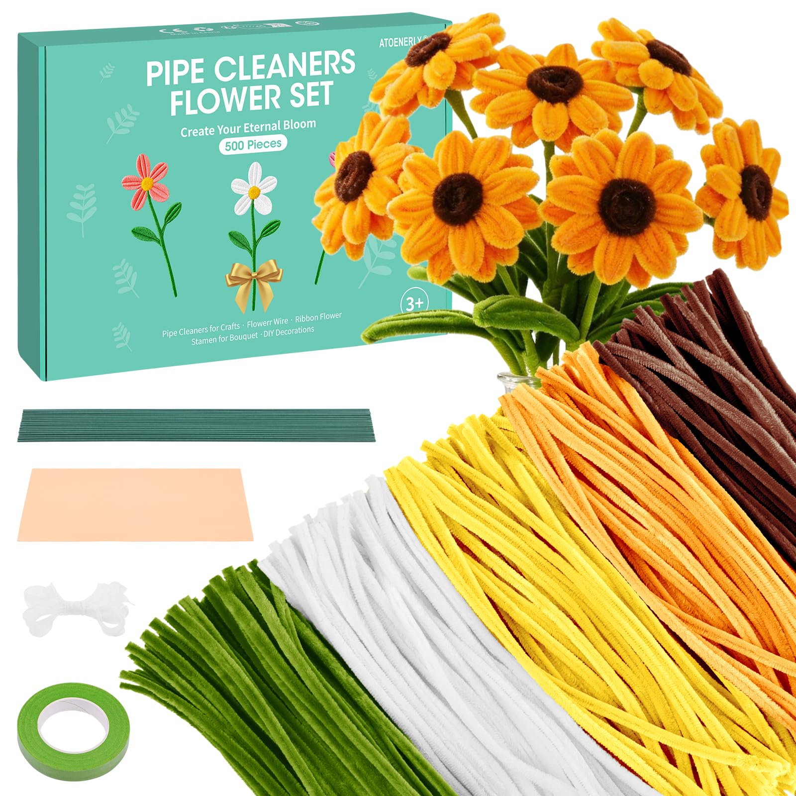 Pfeifenreiniger Blumen Set, 500 Stück Pfeifenputzer zum Basteln Pfeifenreiniger zum Basteln mit Schleifenband, Klebeband, Staubblätter, Blumendraht, Blumenpapier, Anleitung zum Blumenbasteln, Rosa
