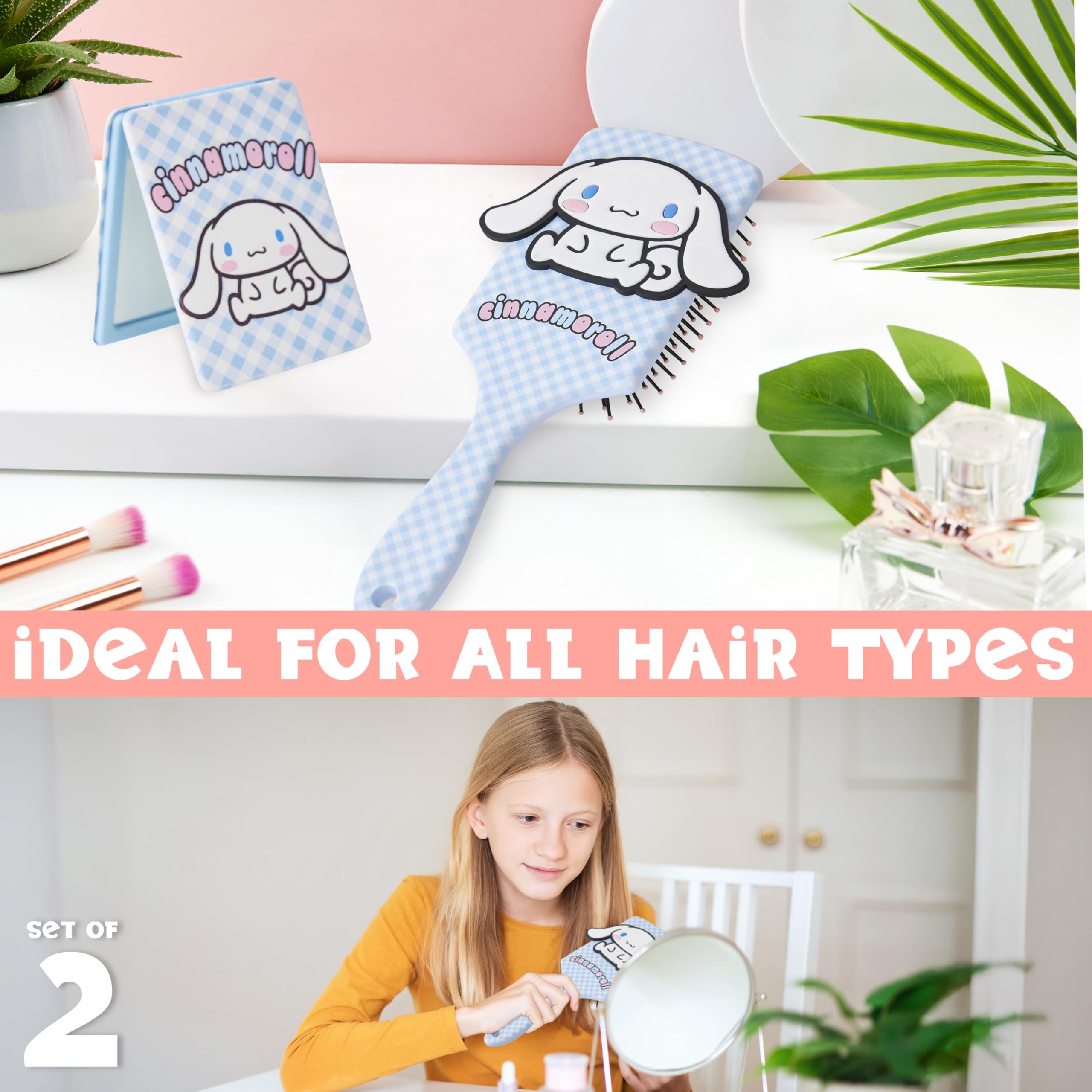 Hello Kitty Sanrio Hair Brush & Mirror Set for Girls Women Kuromi Cinnamoroll Paddle Brush Detangler Kawaii Folding Mirror - Image 4