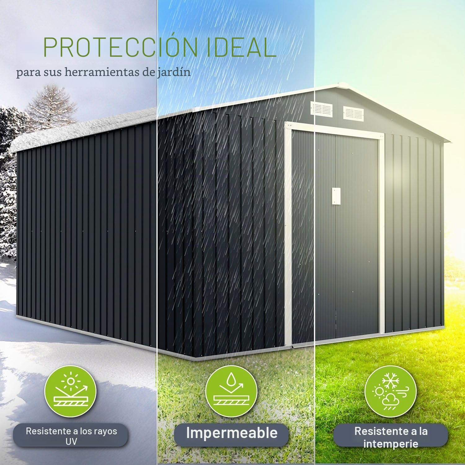 Juskys caseta metálica para Herramientas XXL 15m³ con Techo a Dos Aguas, Puerta corredera y cimentación - 277 x 319 x 192 cm - Antracita - cobertizo metálico para jardín