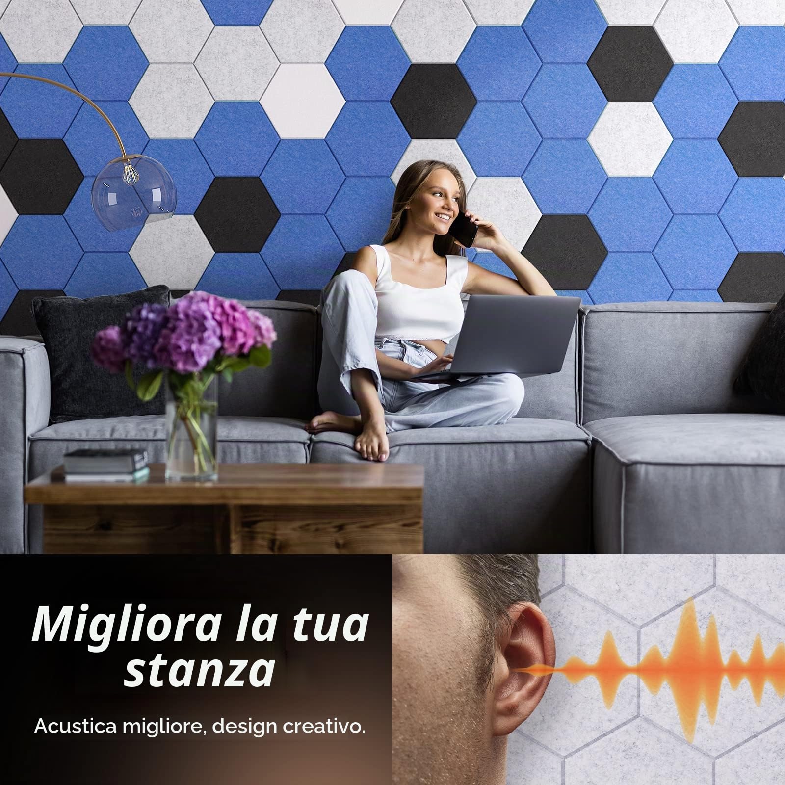 TONOR 36 Pezzi Pannelli Fonoassorbenti Adesivi, 30 X 26 X 1cm Pannelli Acustici Ad Alta Densità, Pannello Fonoassorbente Esagonale, Insonorizzazione Stanza Per Studio, Camera Da Letto, Grigio Chiaro