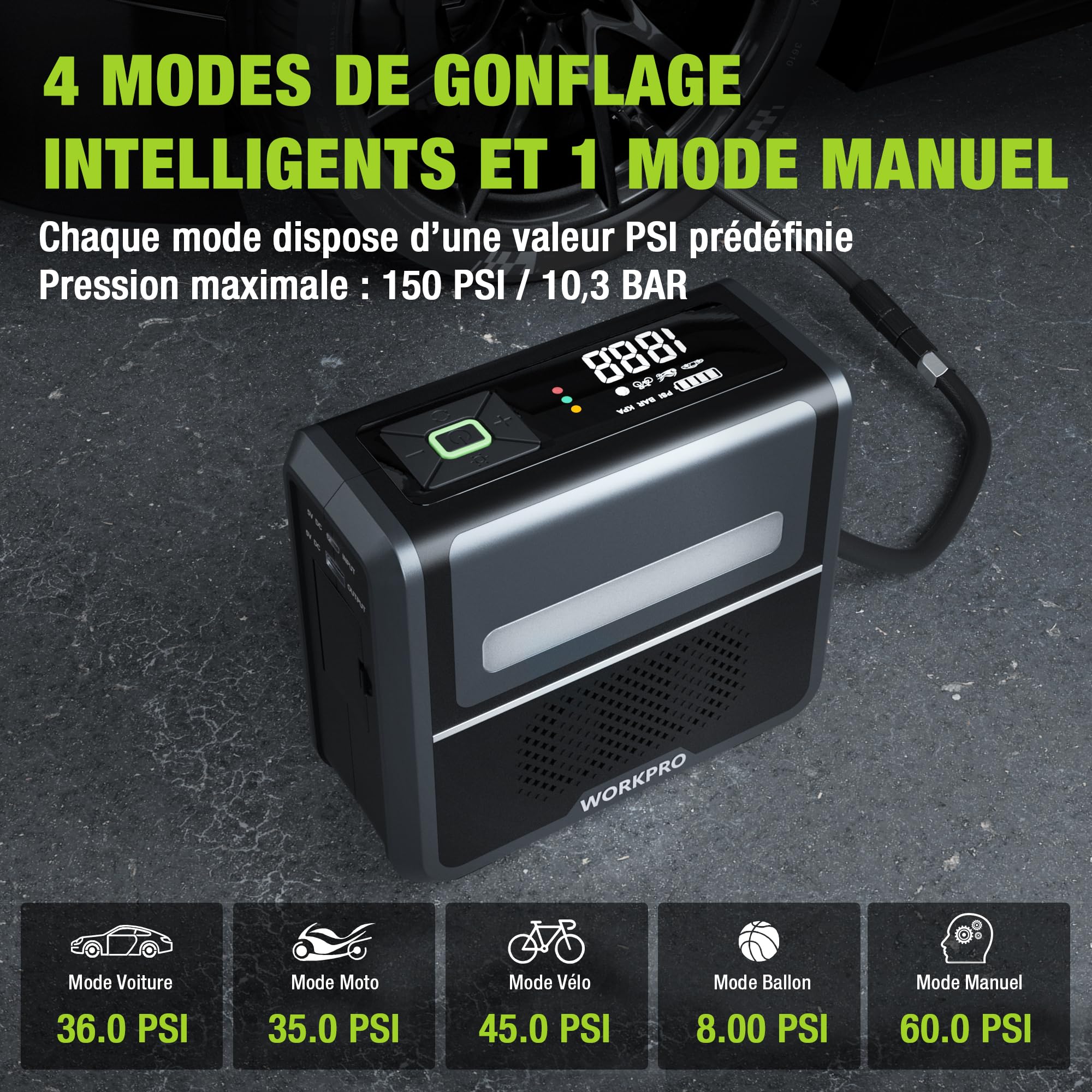 WORKPRO Compresseur à Air Portatif 12 V, Gonfleur Pneu Voiture 150 PSI