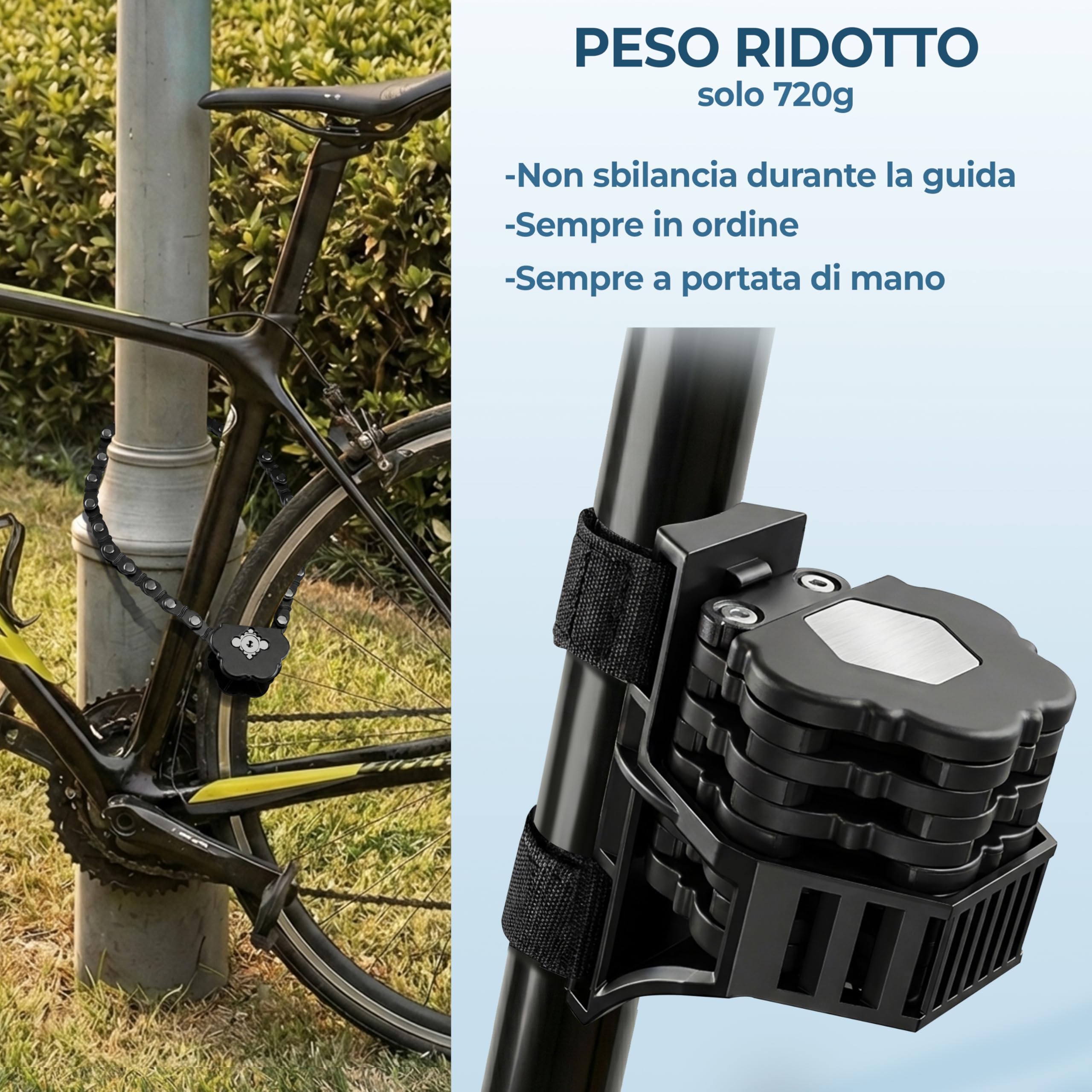 FINIX Lucchetto Anifurto Pieghevole Compatto per Bici - Catena 80cm in Metallo Antitaglio e Antiscasso con Chiave - per Bicicletta. Bici Elettrica e Monopattino Elettrico