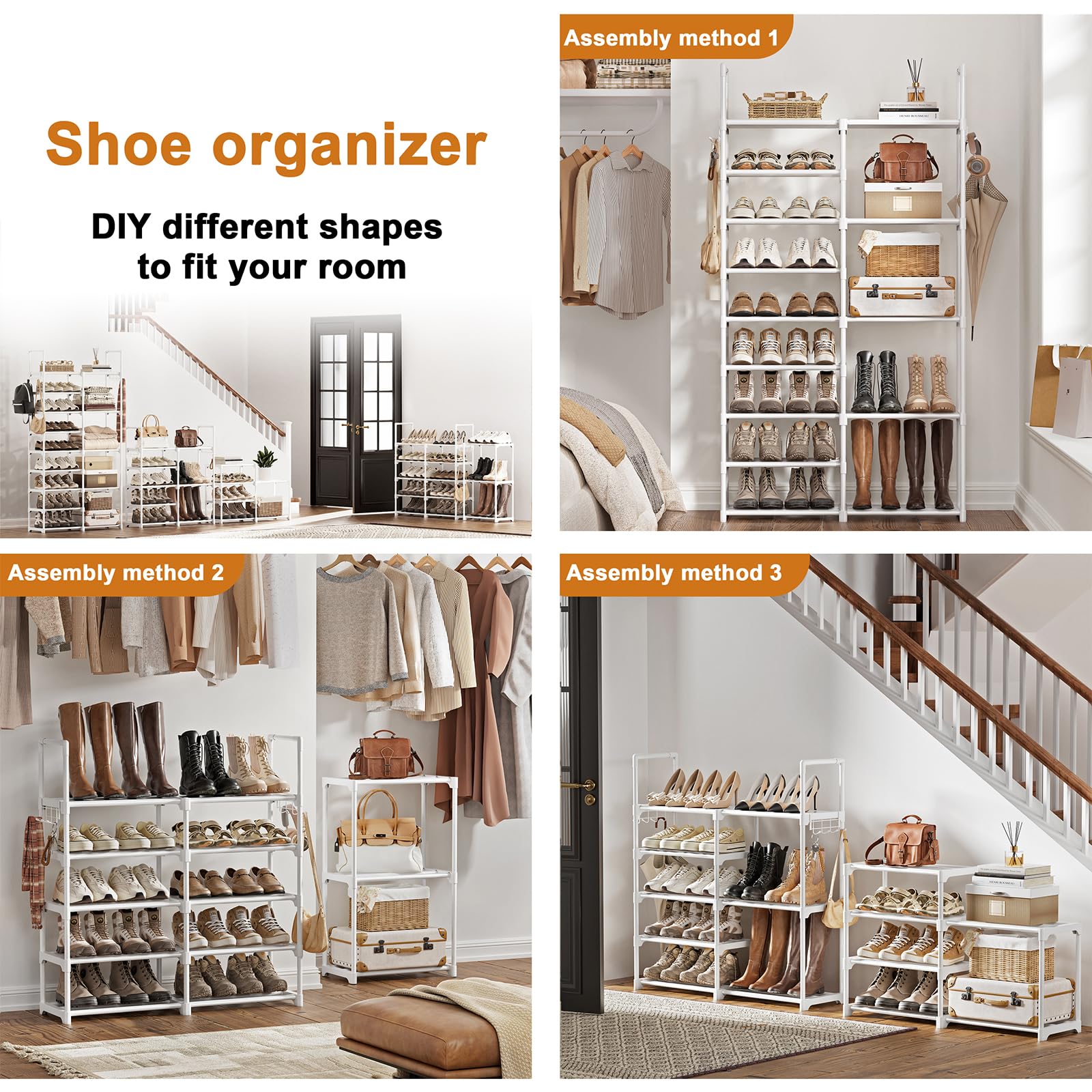 WOWLIVE 9 Tiers White Shoe Rack for Closet Shoe Rack Storage Organizer for Entryway 30-35 Pairs Stackable shoe Rack Shelf for Front Entrance Durable Metal Pipes with Plastic Connectors