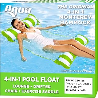 Aqua 4-in-1 Monterey Hammock Inflatable Pool Float, Multi-Purpose Pool Hammock (Saddle, Lounge Chair, Hammock, Drifter) Portable Water Hammock, Lime Green/White Stripe