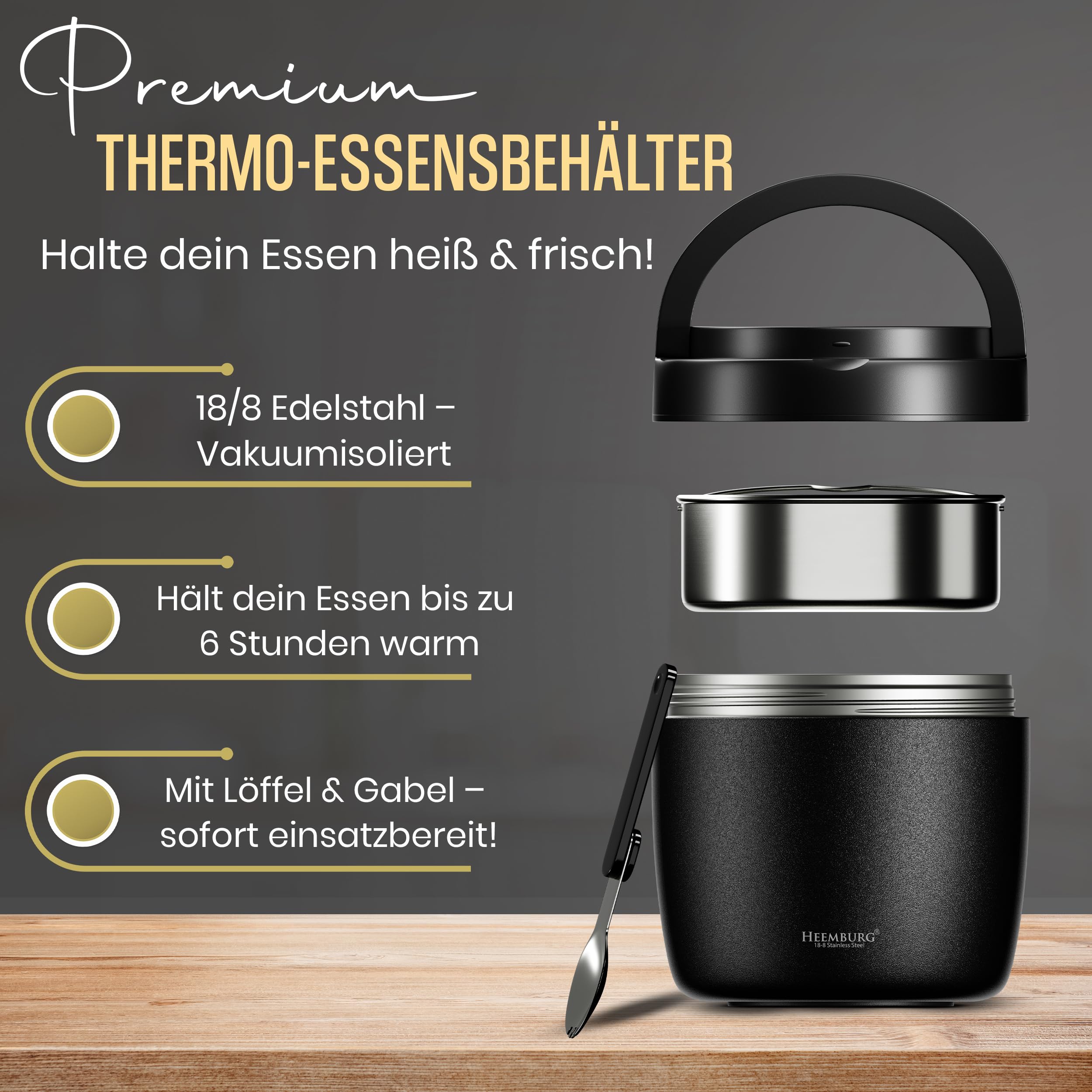 HEEMBURG Thermobehälter für Essen, Henkelmann 1L, Edelstahl, Doppelwand isoliert, Lunchbox Warmhaltetopf für Mahlzeiten, Suppe, Mittagessen, Babynahrung | Für Büro Arbeit unterwegs