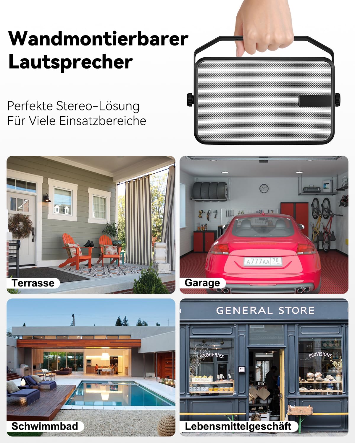 400W Outdoor-Bluetooth-Lautsprecher, Kabellose Lautsprecher-Synchronisation, Kraftvoller Bass, Wandmontage, Für Terrasse, Veranda, Pavillon, Garage, 2er-Pack, MZ-621