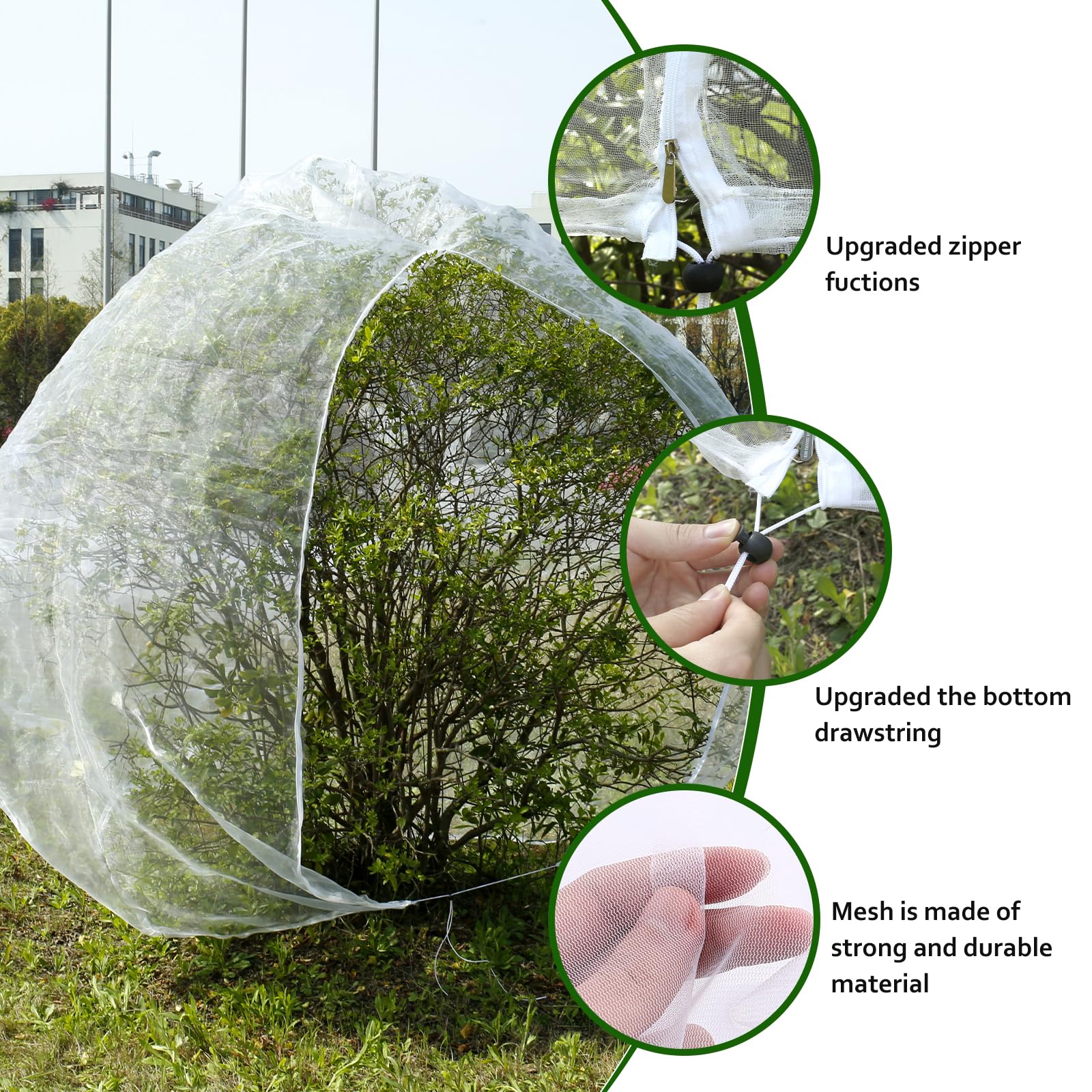 RVEFOT 10 x 10 Ft Fruit Tree Netting with Zipper and Drawstring,Large Garden Mesh Netting Cover, Garden Netting Barrier Bags for Protecting Garden Trees Vegetables Flowers, White