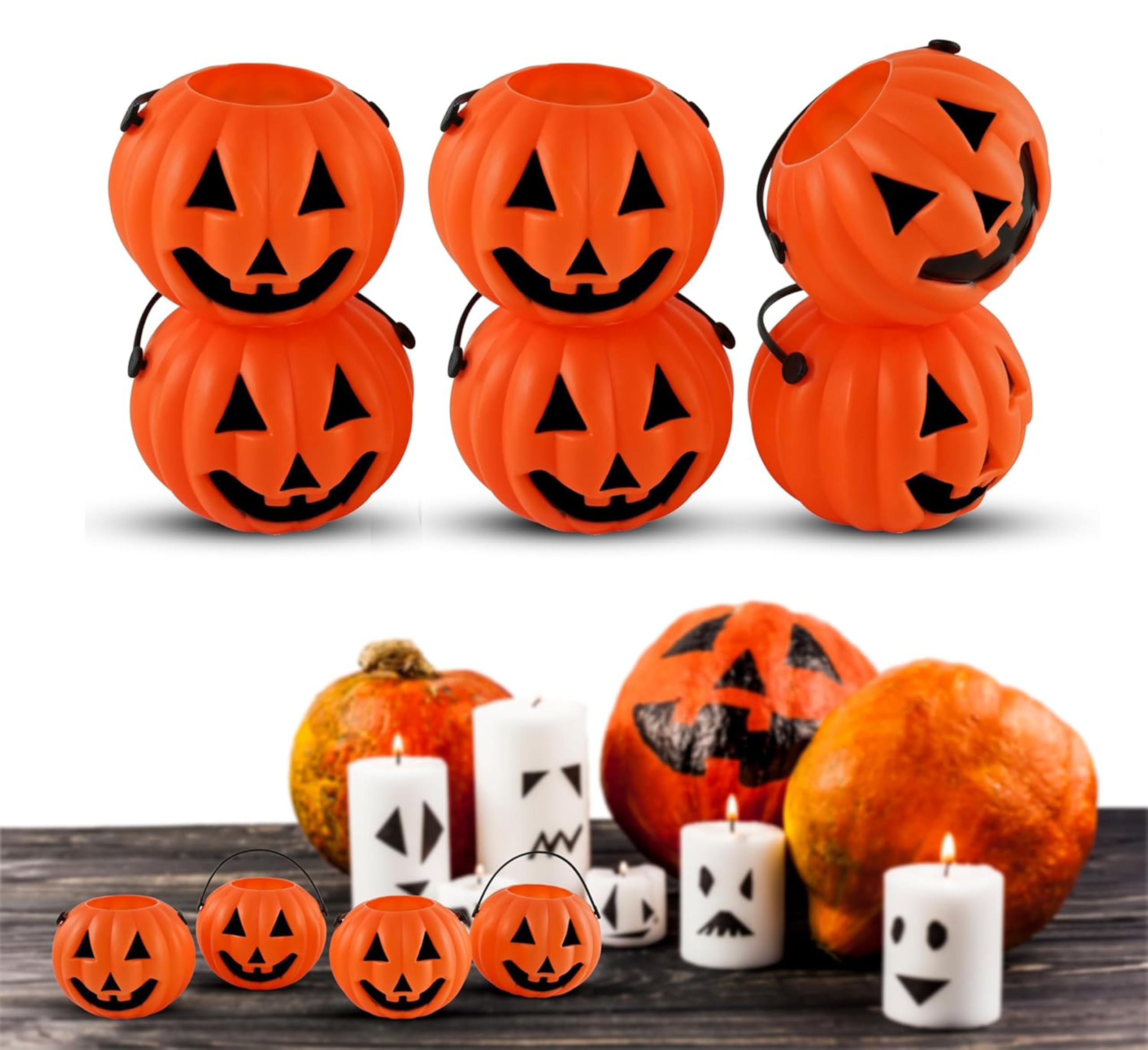 SRV Hub 6PCs Halloween Candy Bucket 7cm - Plastic Mini Pumpkin Buckets, Pumpkin Candy Buckets with Handle, Trick or Treat Bucket for Halloween Party Decorations Supplies