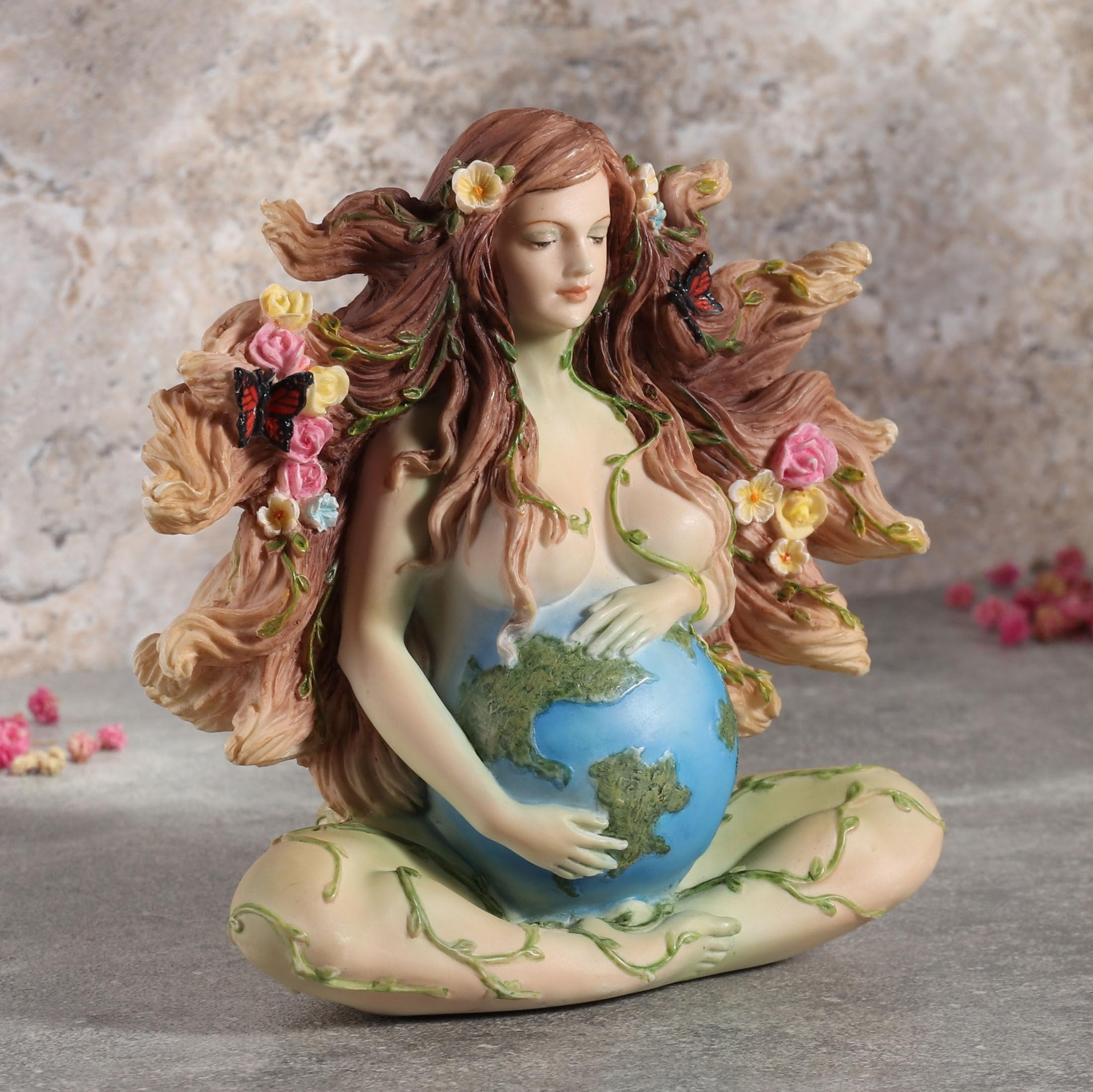Veronese Design Statuetta in resina dipinta a mano con farfalle e fiori, Madre Terra in gravidanza, 10 cm
