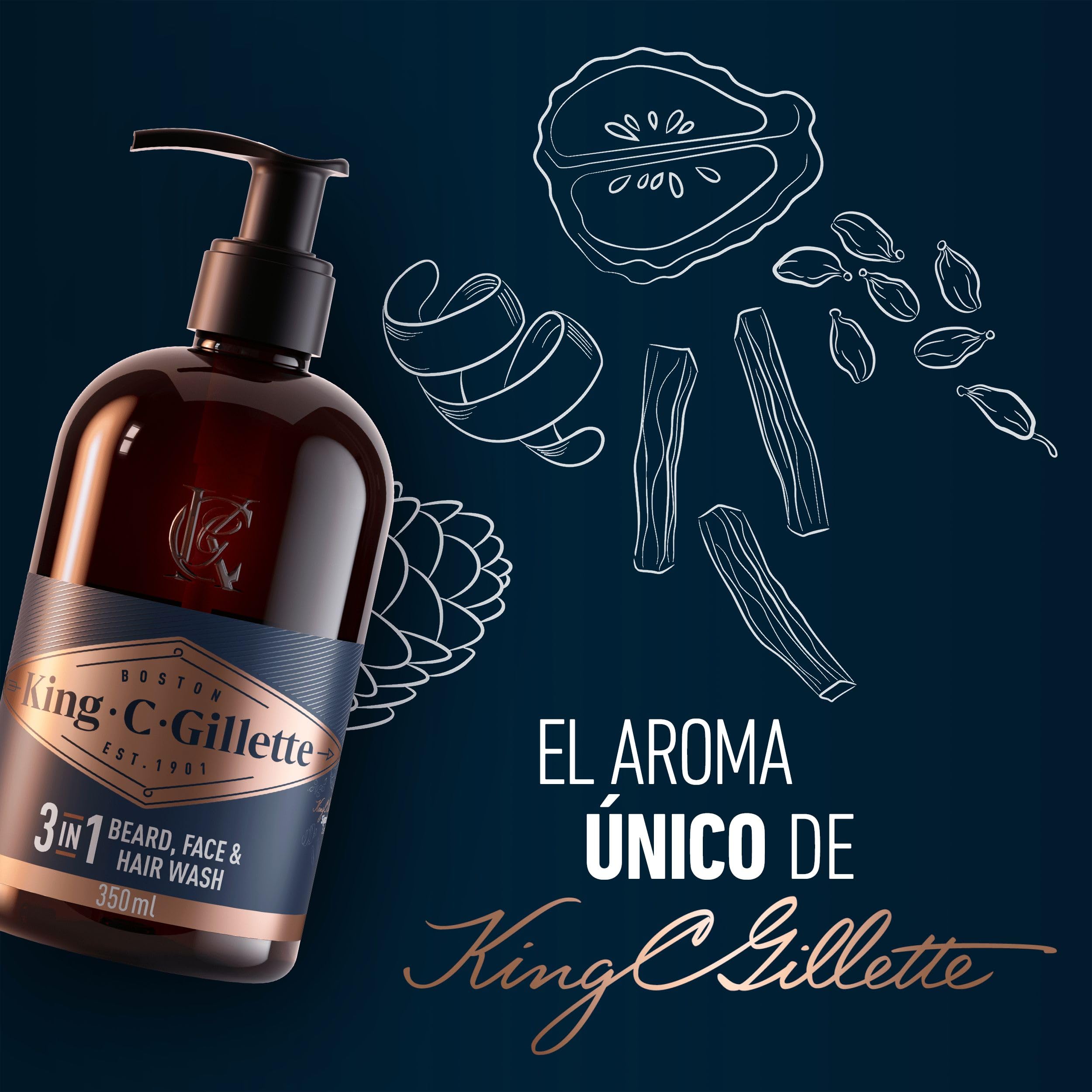 King C. Gillette Recortadora Para Hombre, Kit De Regalo, Máquinilla de afeitar, Recortadora De Barba Eléctrica Y Gel Limpiador 3 En 1 Para Barba, Rostro Y Pelo, 350 ml