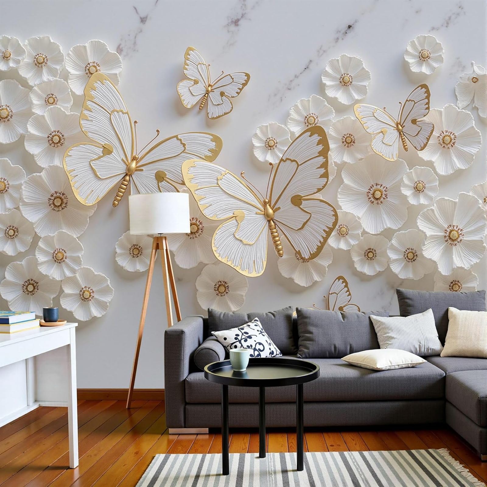 kfjhgbdshhj 3D Floral Sculpture Photo Wallpaper, Elegant Butterfly Landscape 3D Effect Wallpaper, White for Living Room Bedroom Wall Mural, 300cm x 210cm Stickers - Frameless Painting - Poster