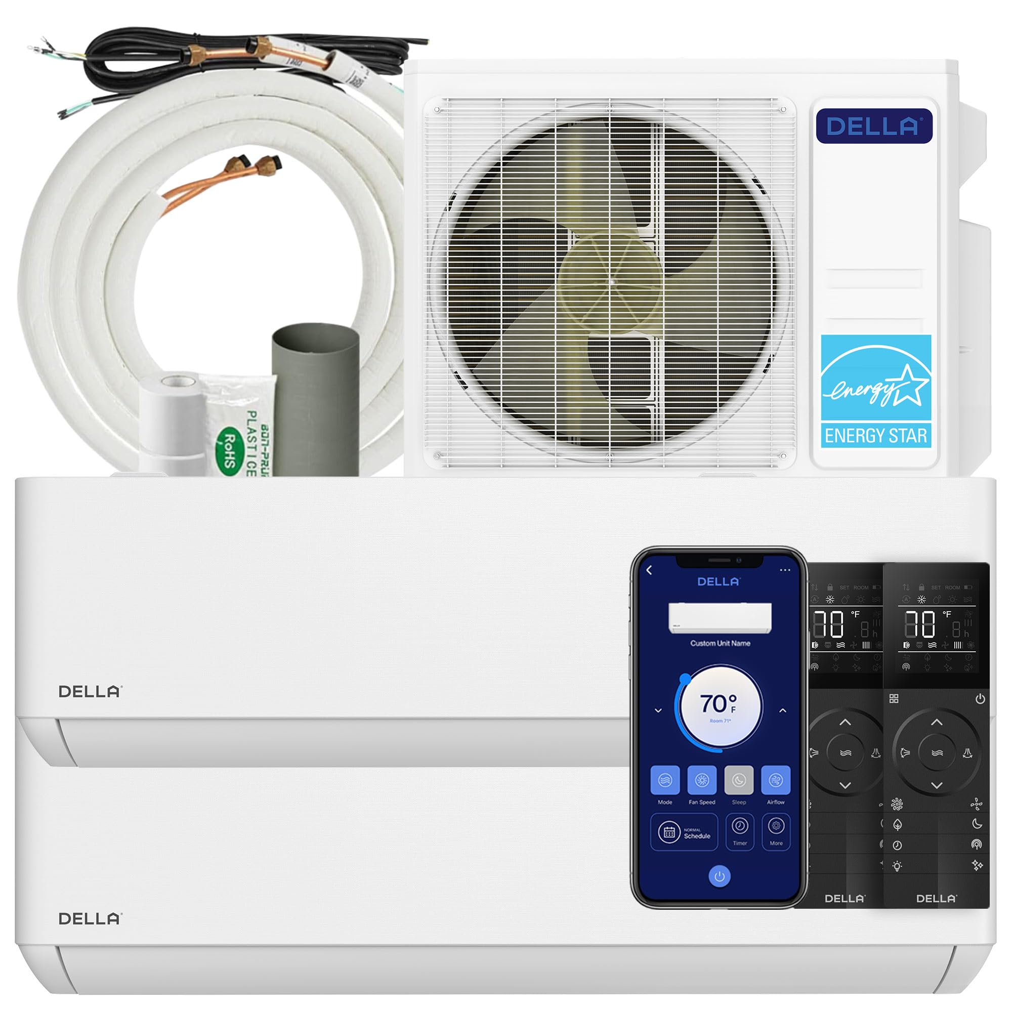 Aire acondicionado minisplit DELLA ODU de 18 000 BTU, 2 zonas, 9000 BTU, wifi, compatible con Alexa, 24 SEER2, 208 V, 230 V, enfría hasta 74,5 m², multizona, sin ductos, precargado, bomba de calor, kits de instalación de 4,8 m.