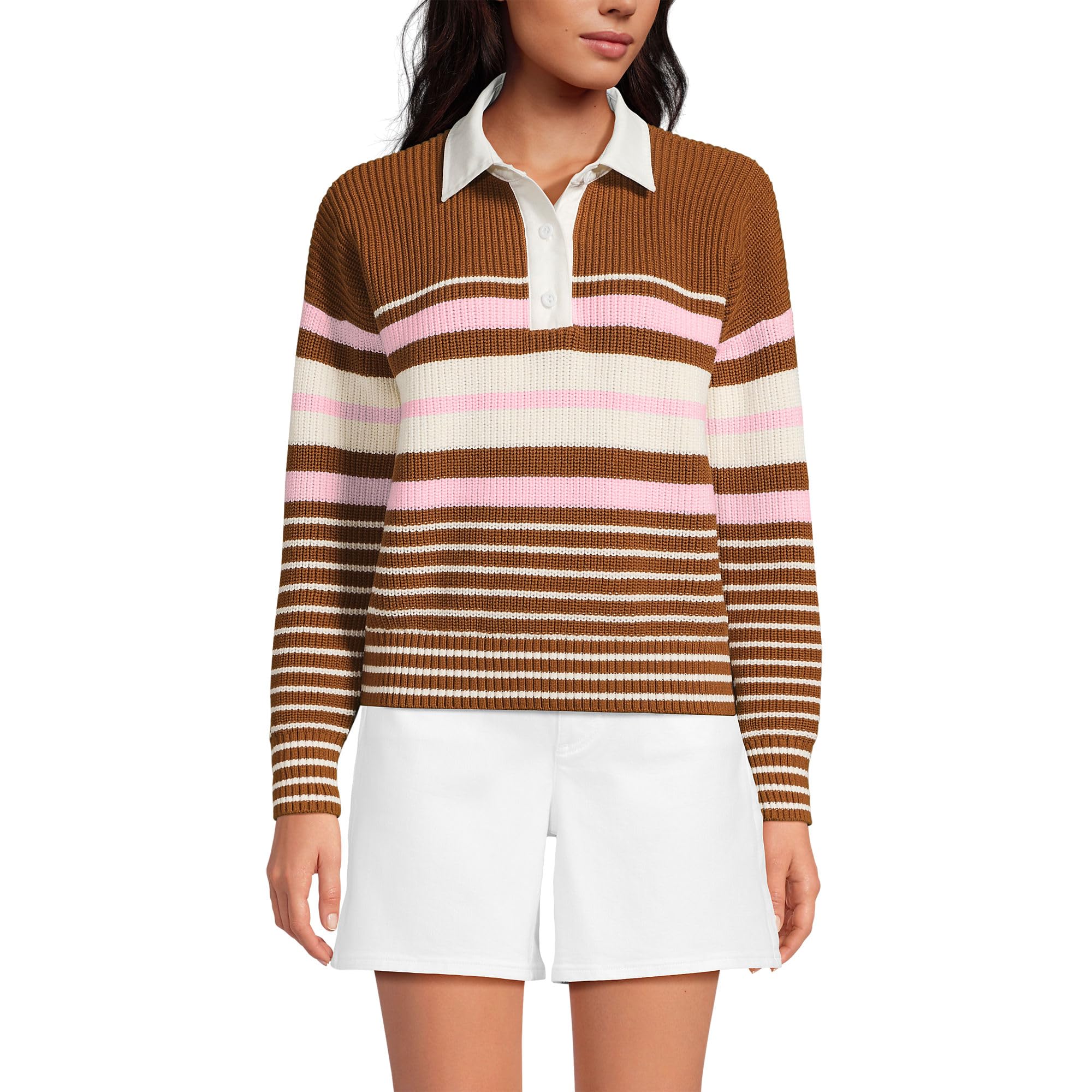 Lands End Womens Drifter Rugby with Woven Collar Sweater