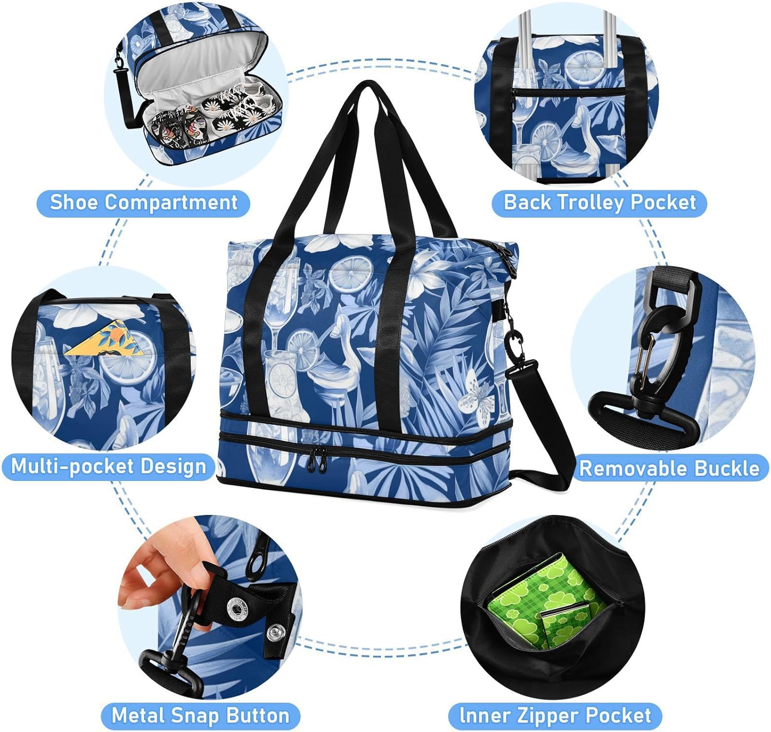 Blue and White Cocktail Lemon Gym Tote Bag Sport Training Bag with Toiletry Bag for Travel Multifunctional