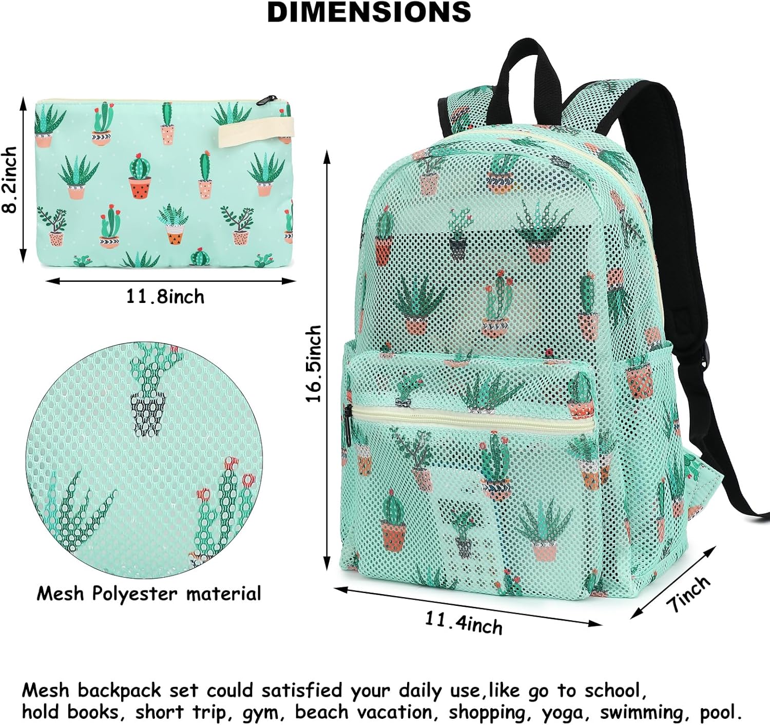 Mesh School Backpack for Girls Women, Heavy Duty See Through College Bookbag School Bag with Storage Bag (Cactus)