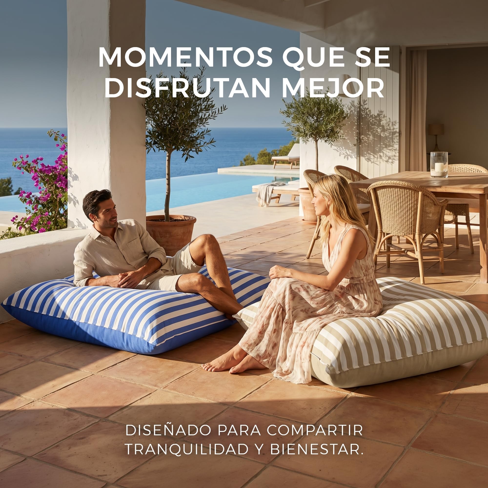 HAPPERS Big Puff Toldotex - Puff Gigante de Exterior e Interior, Puff Flotante para Piscina y Jardín, Tela Resistente al Sol y Agua, Relleno Incluido, Desenfundable y Lavable, 127x155 cm, Beige