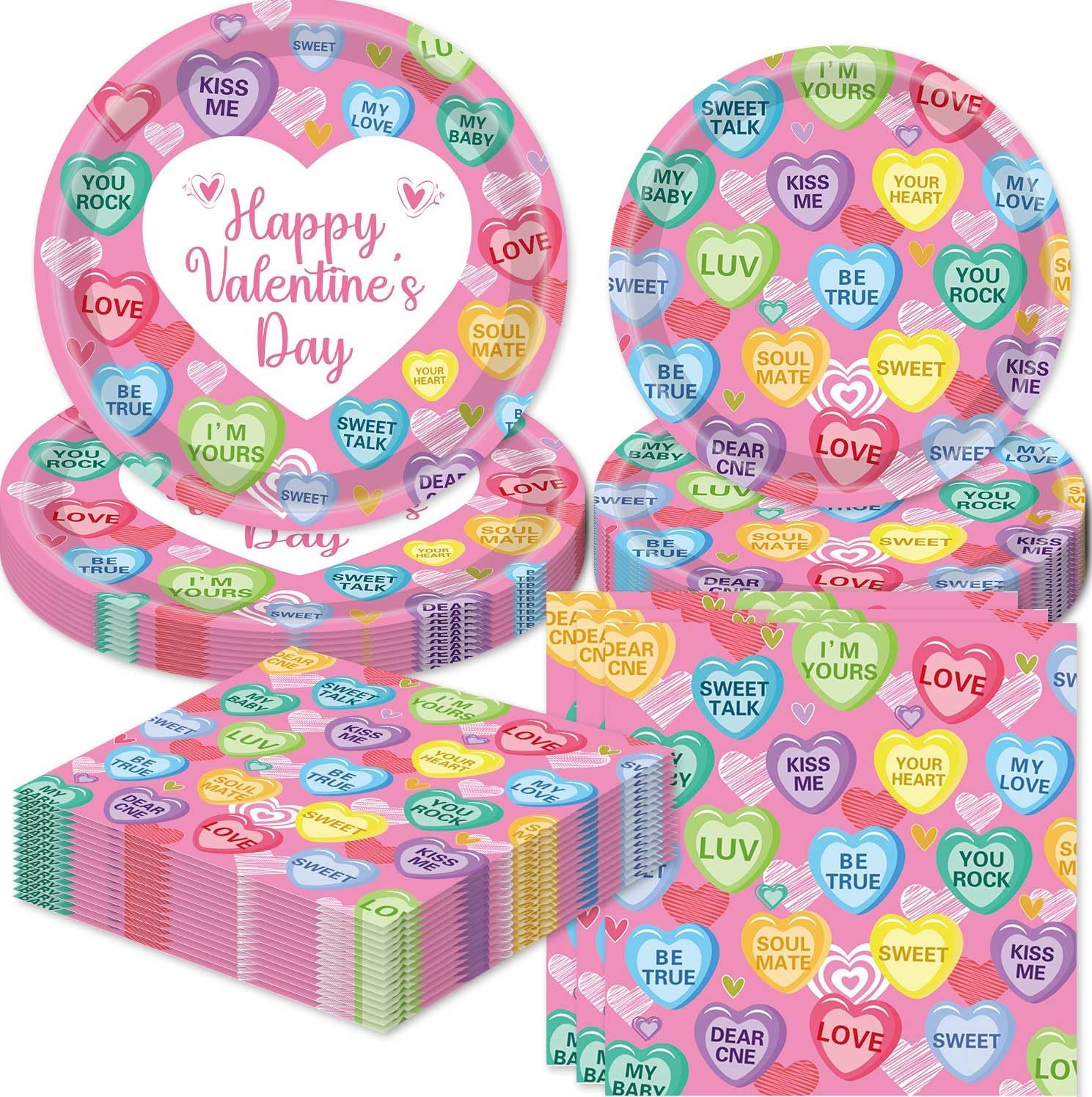 Valentine's Day Party Tableware Set Hearts Paper Plates Napkins for Happy Valentine's Day Colorful Hearts valentines day Decoration Serves 16 Guests