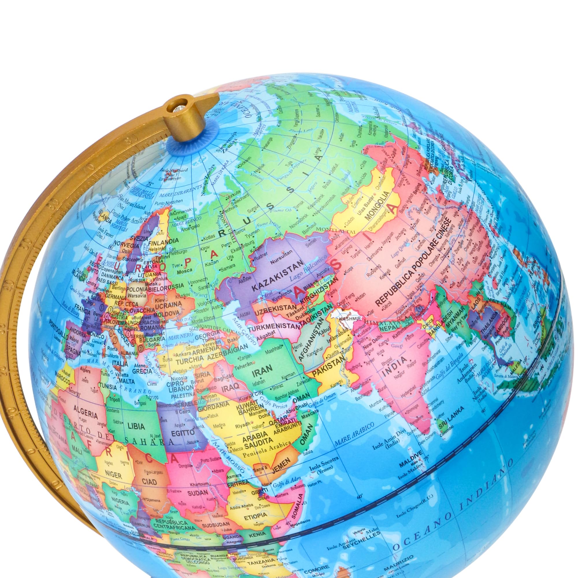 Exerz Mappamondo Illuminato 20 cm con Mappa Italiana e Costellazioni | Base in legno effetto palissandro arco metallico dorato luce LED USB per camera studio scuola regalo