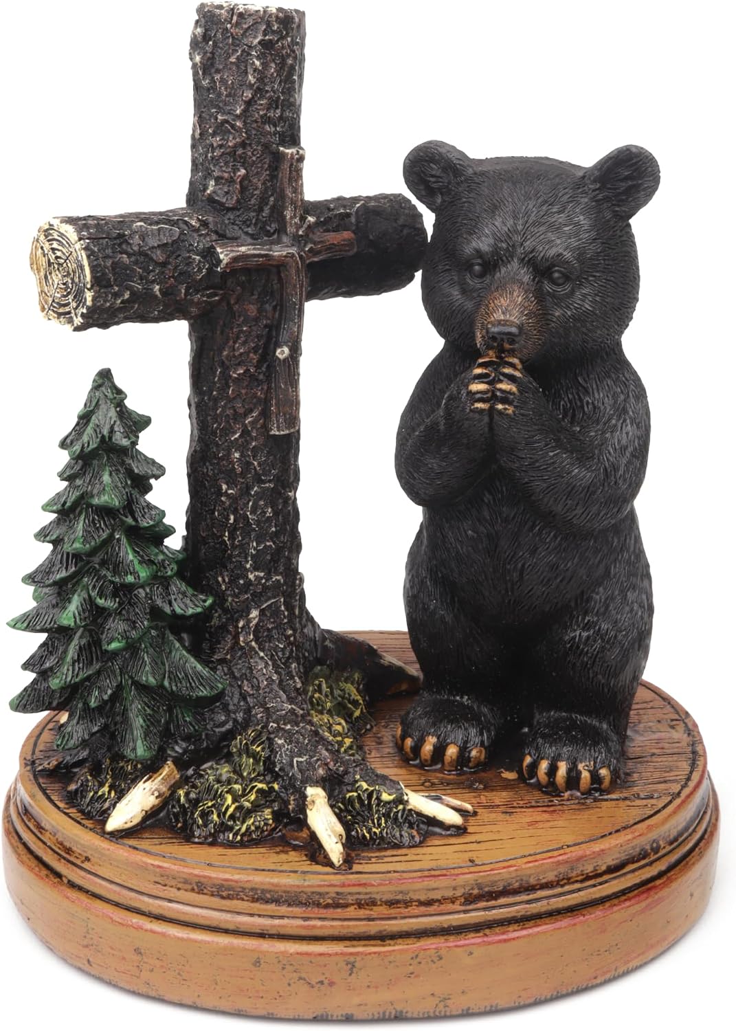 Needzo Praying Black Bear Figurine with Cross, Inspirational Prayer Statue, Religious Wildlife Animal Decoration, 8 Inches