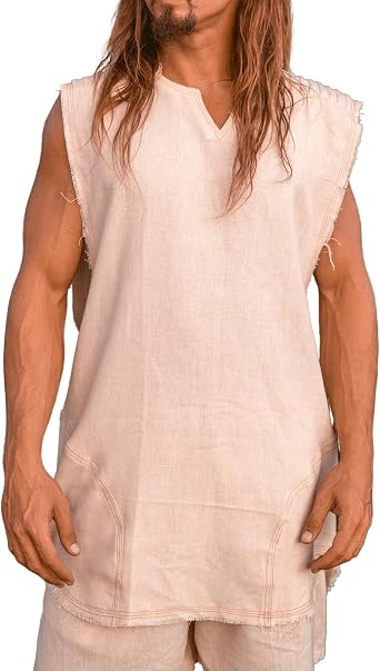 AJJAYA DESU Mens Tank Top Handmade Neo Apocalyptic Sleeveless Earthy Shirt, Tribal Natural Savage V Neck Nomadic Primitive