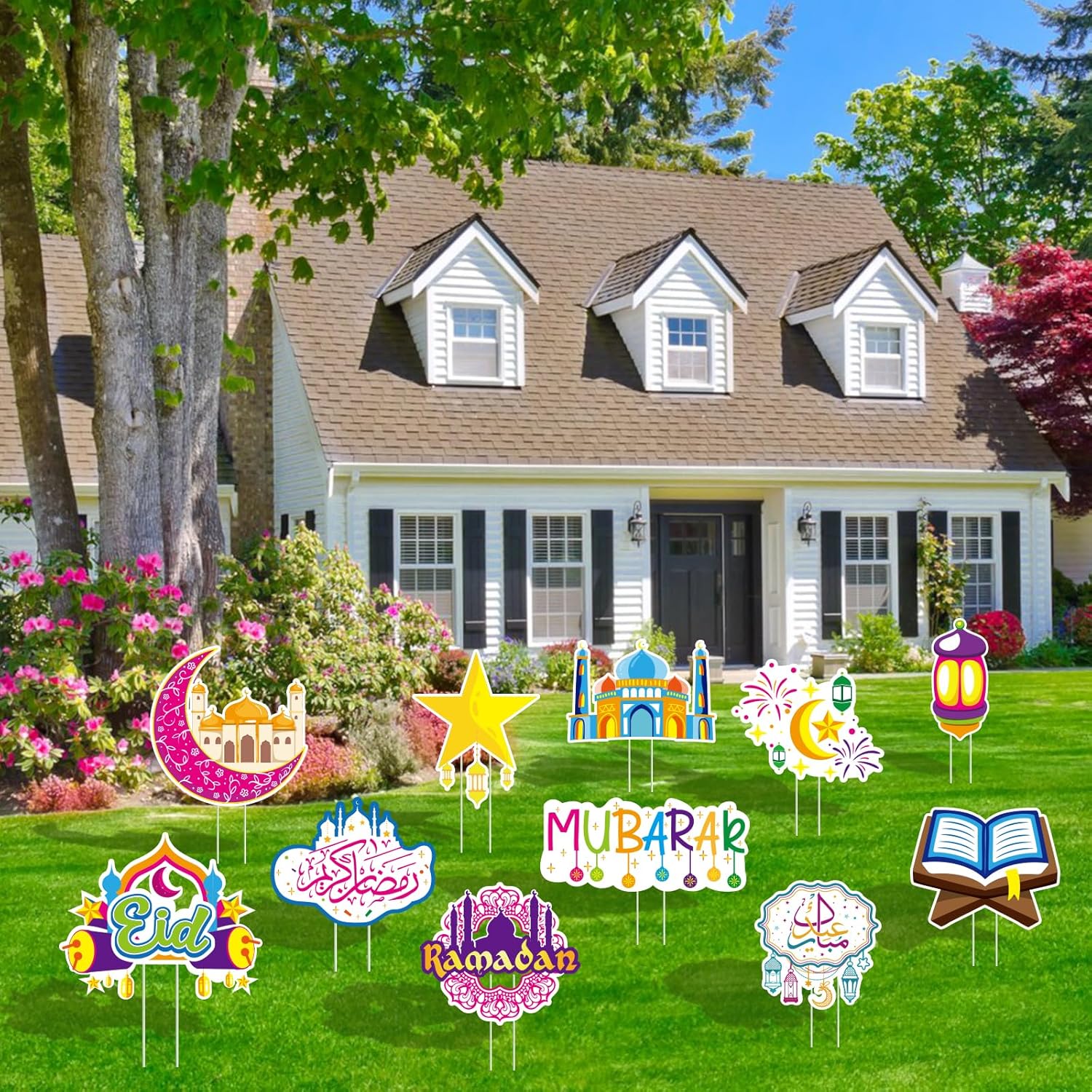 Eid Gift Yard Signs - Eid Mubarak Muslim Mosque Moon Star Lantern House Flags Banner, Islamic Festival Celebration Outdoor Party Décor, Single-Sided + 12 Balloons