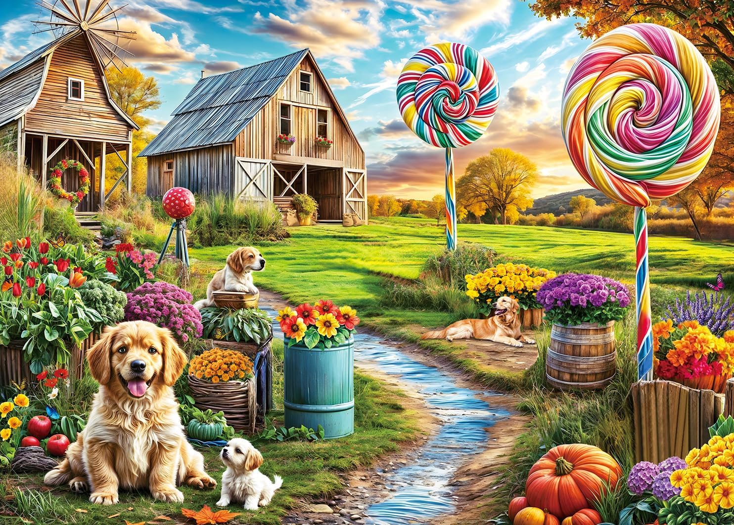 Jigsaw Puzzles for Adults 1000 Piece Puzzle for Adults 1000 Pieces Puzzle 1000 Pieces-Enchanted Rural Scene Dogs Barns and Colorful Lollipops